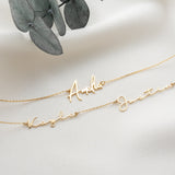 Multiple name necklace in 925 sterling silver with gold plating showing 2-5 name options
