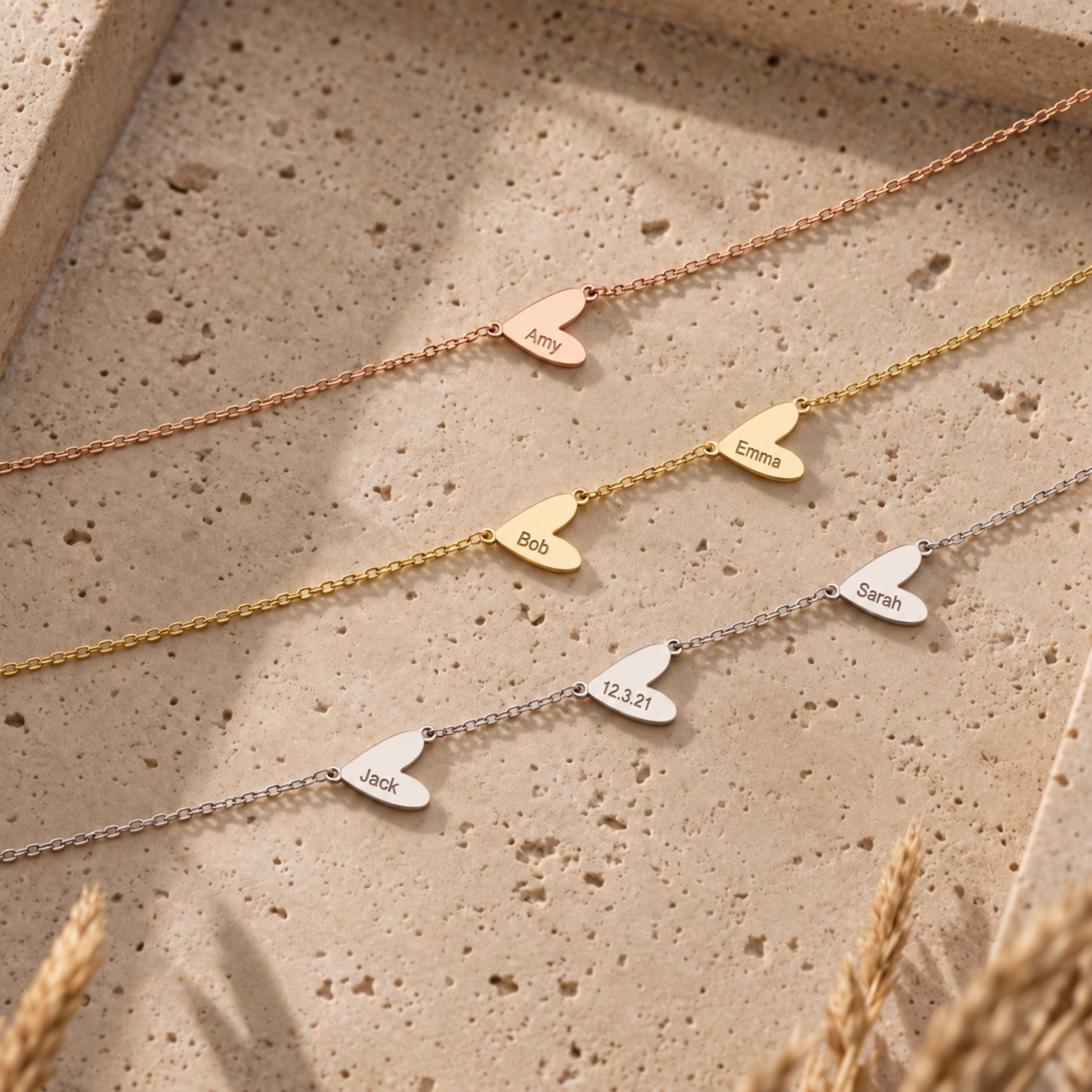 Personalized engraved heart necklace in silver, gold , and rose gold — family necklace gift