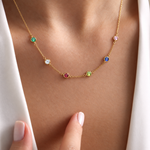 Birthstone station necklace for mom in 925 sterling silver — round gemstones spaced along a delicate chain