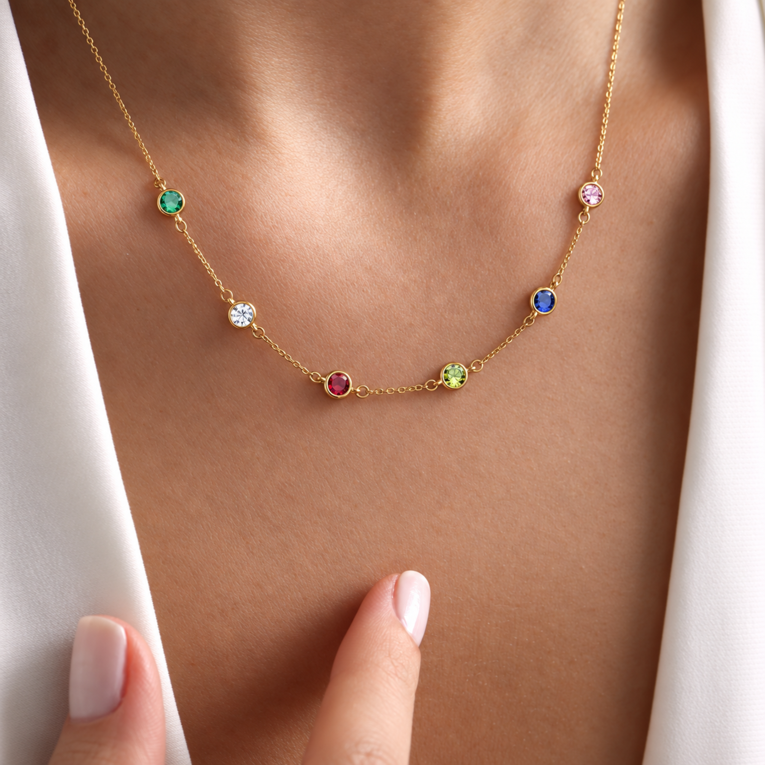 Birthstone station necklace for mom in 925 sterling silver — round gemstones spaced along a delicate chain