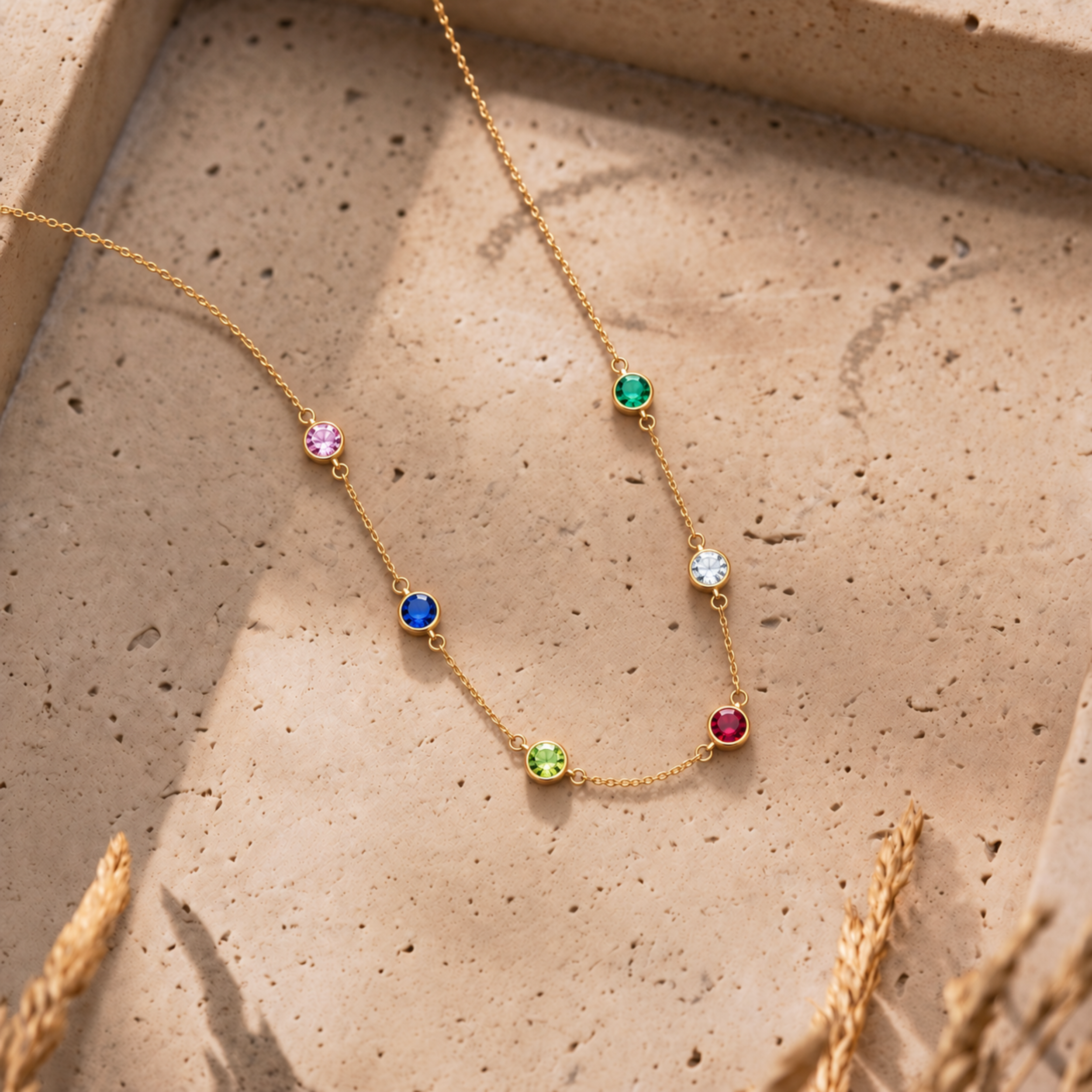 Family birthstone station necklace in gold — personalized necklace for mom with multiple birthstones