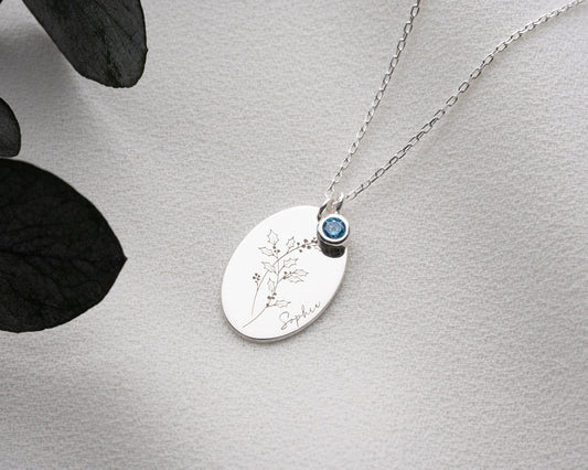 Personalised Birth Month Necklace, Holly Berry December Necklace, Silver Birth Flower Necklace with Birthstone, Daughter Birthday Gift
