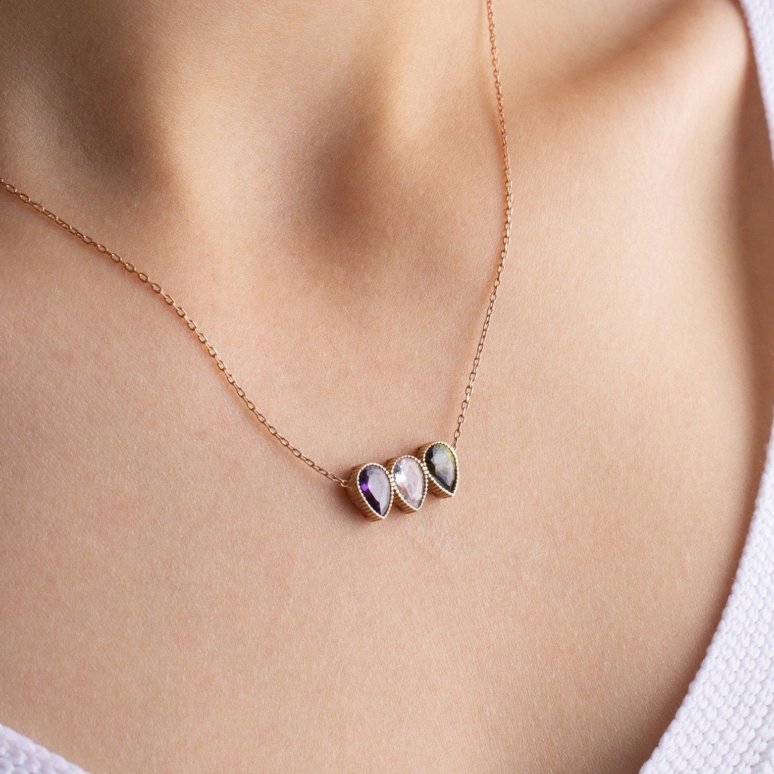 Family Birthstone Necklace, Dainty November - October Birthstone, Personalised Crystal Pendant, Anniversary, New Mom, Mother of Bride Gift