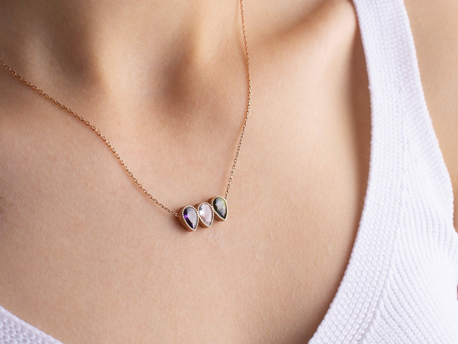 Family Birthstone Necklace, Dainty November - October Birthstone, Personalised Crystal Pendant, Anniversary, New Mom, Mother of Bride Gift