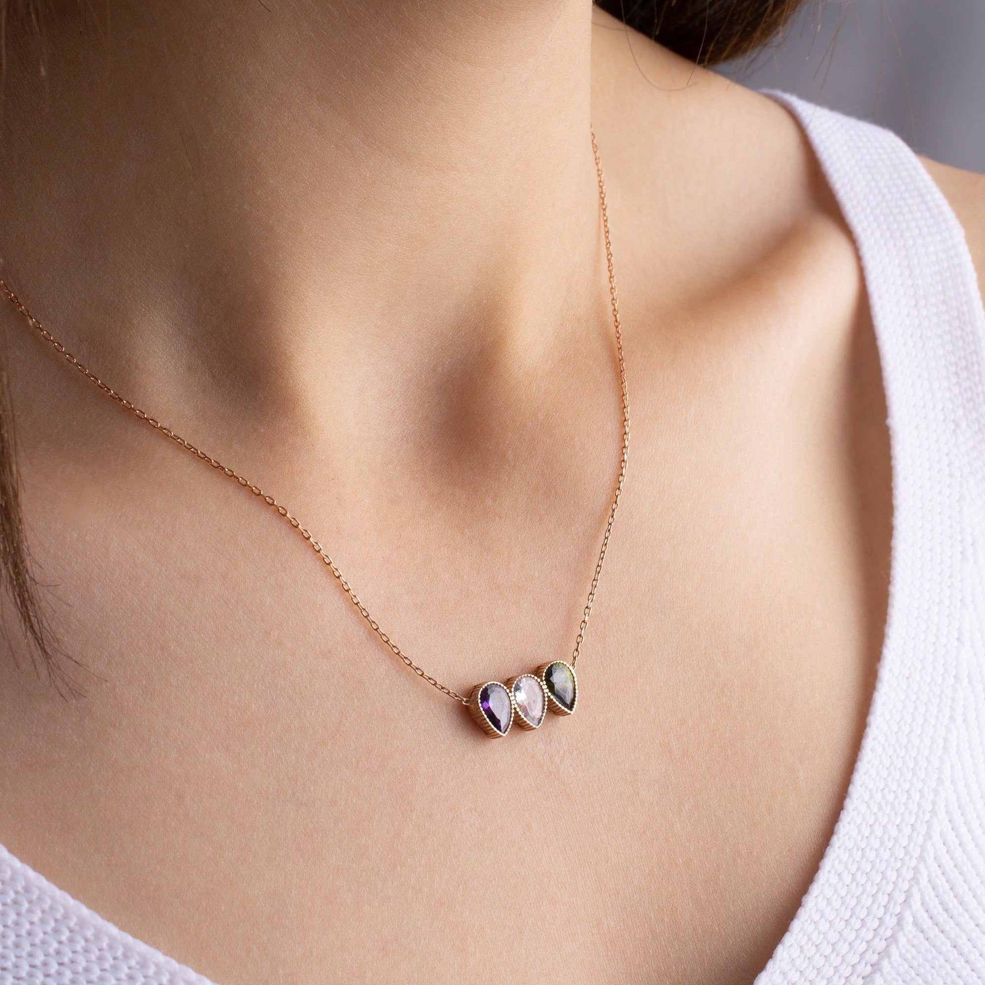 Family Birthstone Necklace, Dainty November - October Birthstone, Personalised Crystal Pendant, Anniversary, New Mom, Mother of Bride Gift