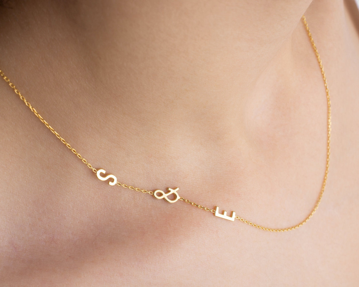 Sideway Evil Eye Necklace, Tiny Letter Pendant Gold, Initial Name Necklace Silver, Mother's Day Gift, New Mom, Baby, Birthday, Grandma Gift