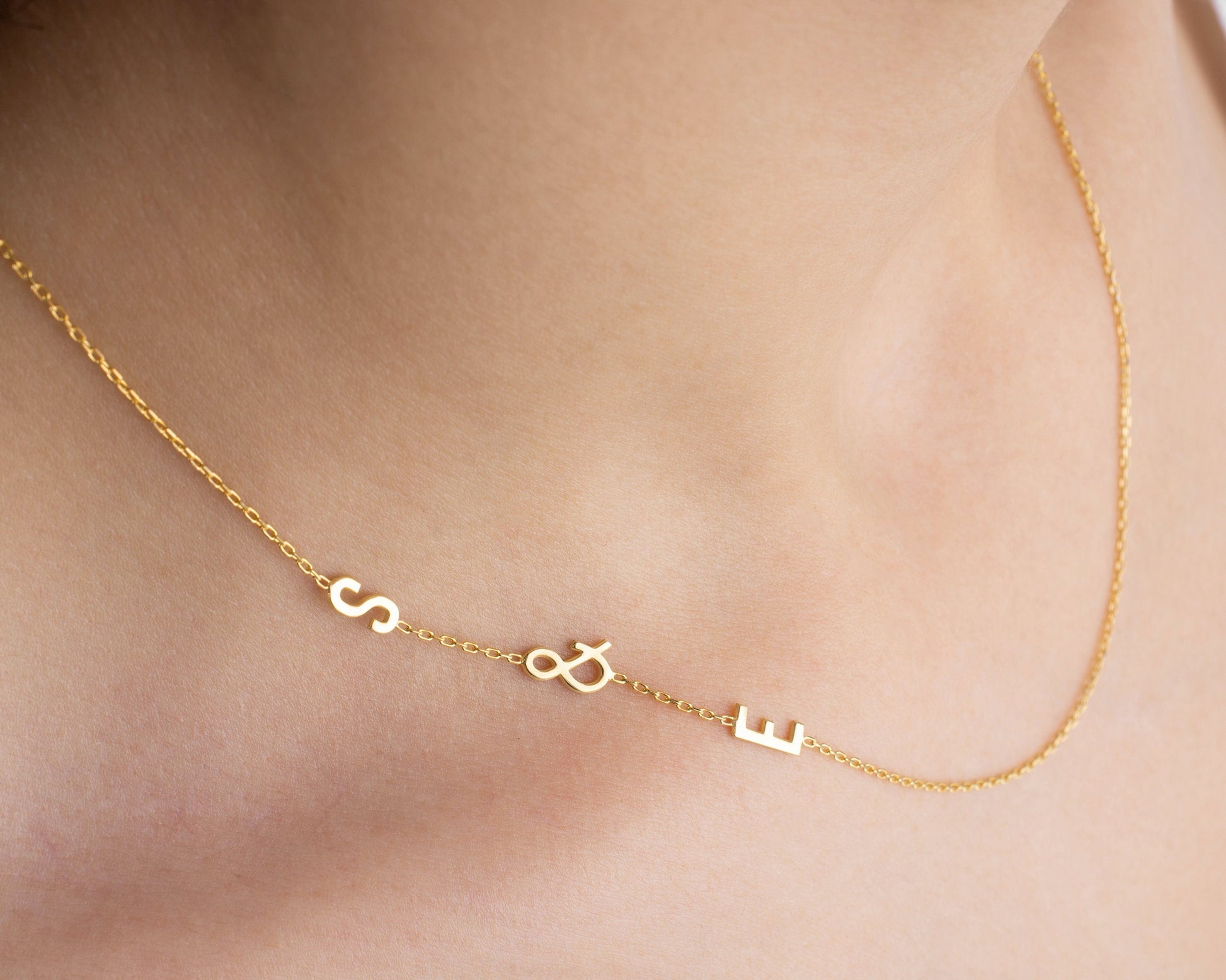 Birthstone Initial Necklace, Sideway Initial Necklace, Personalised Letter Jewelry, Gold Monogram Pendant, Christmas, Birthday, New Mom Gift