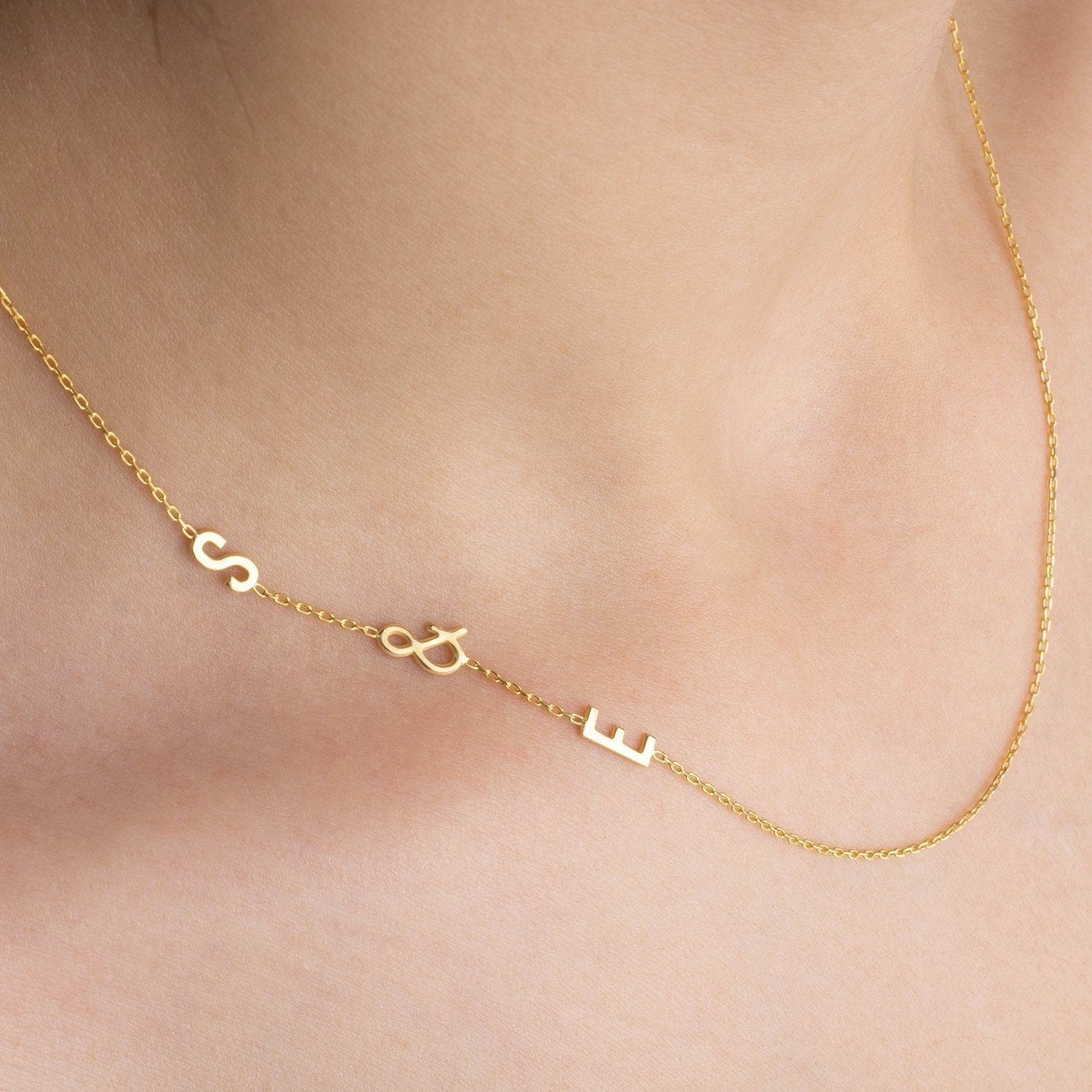 Sideway Evil Eye Necklace, Tiny Letter Pendant Gold, Initial Name Necklace Silver, Mother's Day Gift, New Mom, Baby, Birthday, Grandma Gift