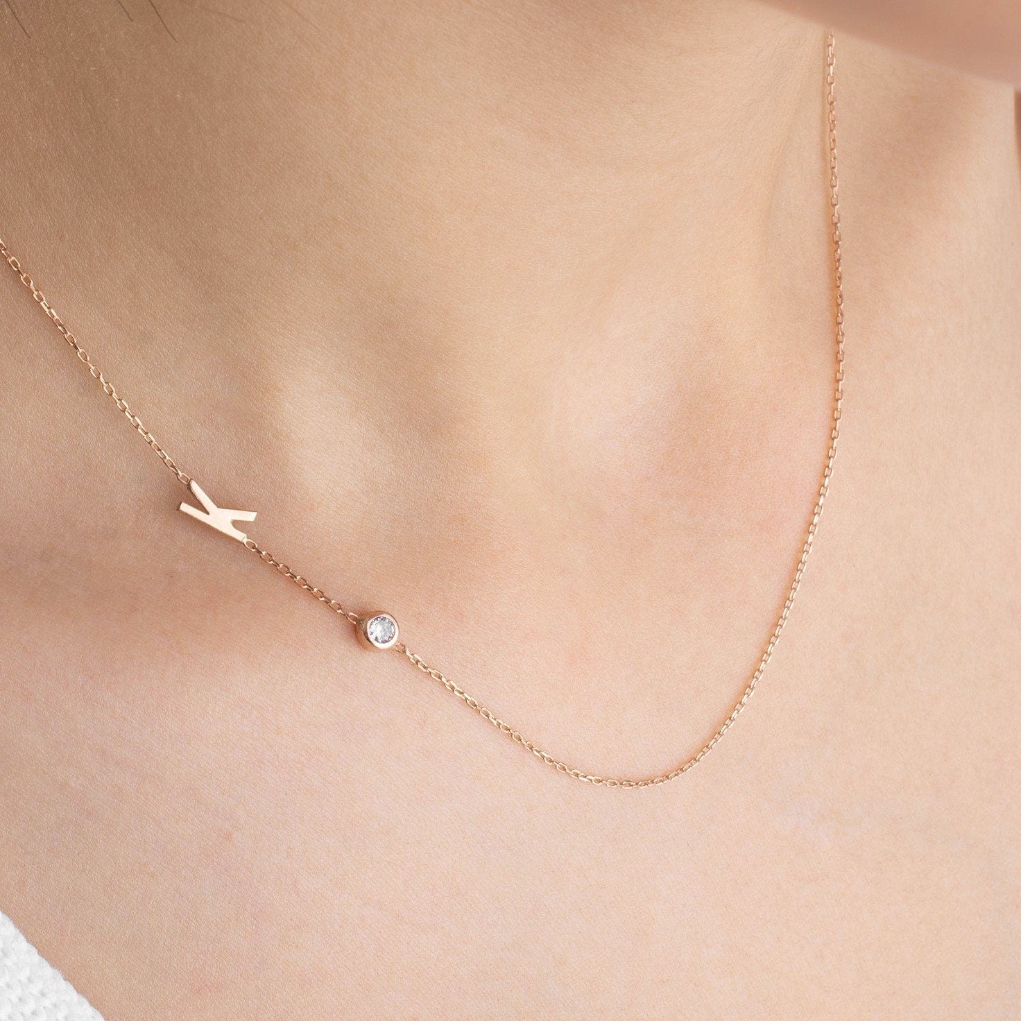 Sideway Evil Eye Necklace, Tiny Letter Pendant Gold, Initial Name Necklace Silver, Mother's Day Gift, New Mom, Baby, Birthday, Grandma Gift