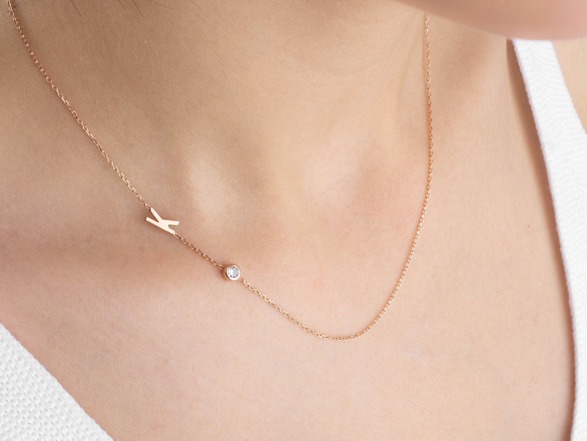 Sideway Evil Eye Necklace, Tiny Letter Pendant Gold, Initial Name Necklace Silver, Mother's Day Gift, New Mom, Baby, Birthday, Grandma Gift