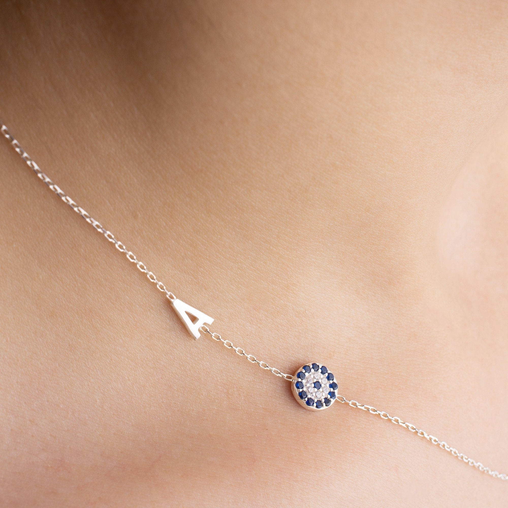 Sideway Evil Eye Necklace, Tiny Letter Pendant Gold, Initial Name Necklace Silver, Mother's Day Gift, New Mom, Baby, Birthday, Grandma Gift