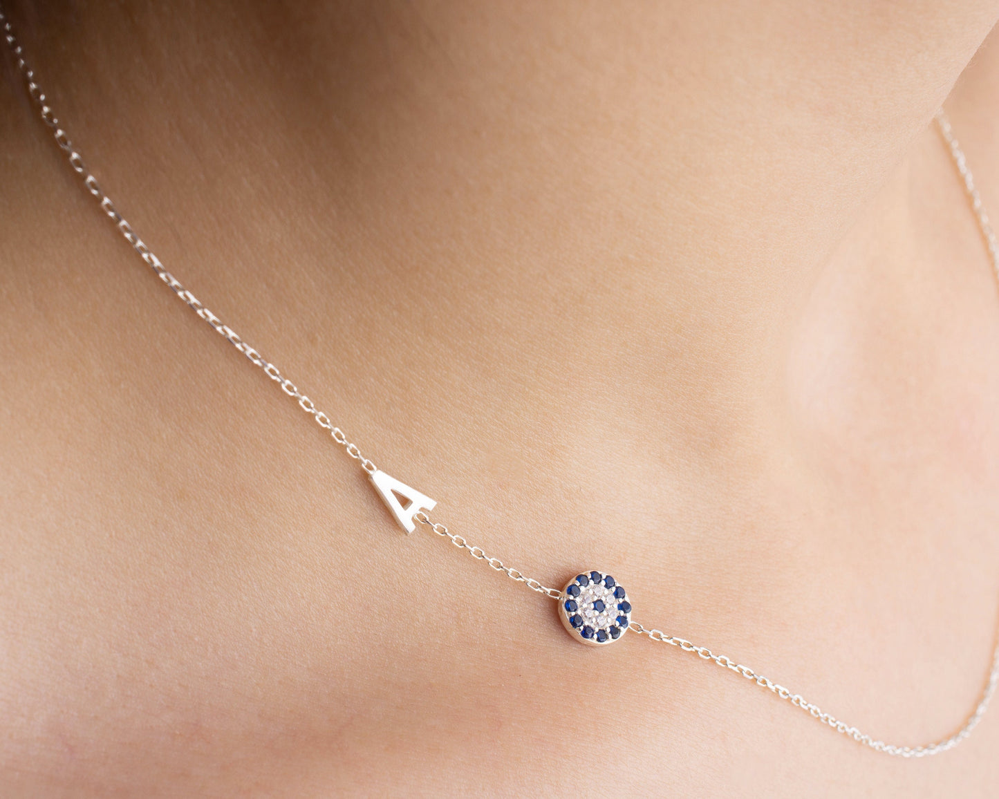 Sideway Evil Eye Necklace, Tiny Letter Pendant Gold, Initial Name Necklace Silver, Mother's Day Gift, New Mom, Baby, Birthday, Grandma Gift