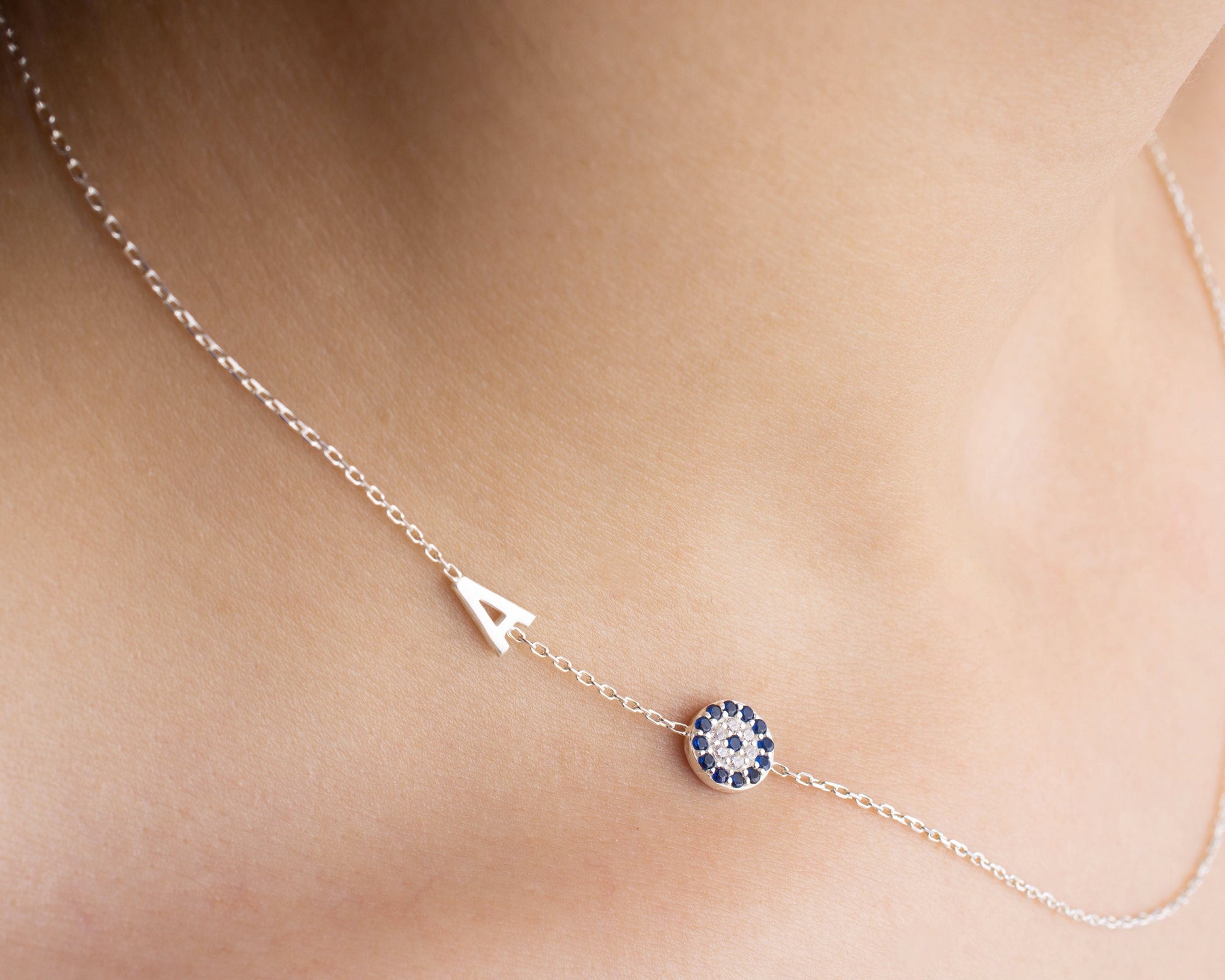 Sideway Evil Eye Necklace, Tiny Letter Pendant Gold, Initial Name Necklace Silver, Mother's Day Gift, New Mom, Baby, Birthday, Grandma Gift