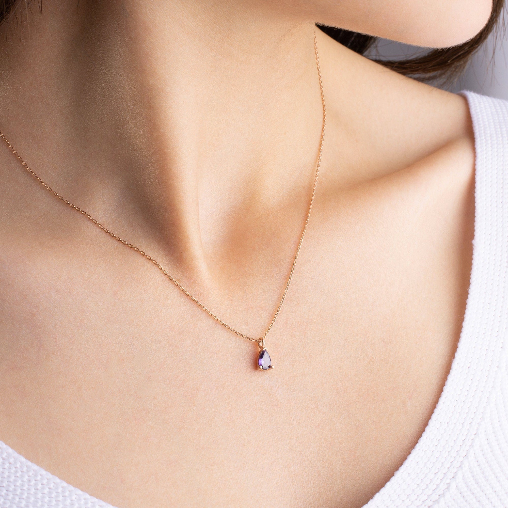 February Birthstone Necklace, Amethyst Birthstone Necklace, February Birthday Gift for Women, Teardrop Birthstone Pendant, Mothers Day Gift