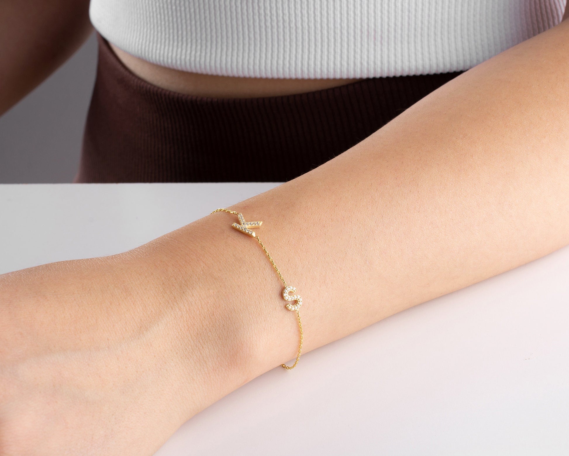 Custom Initial Bracelet, Dainty Pave Initial Bracelet, Tiny Diamond Letter Jewellery, Mother's Day, Women Birthday, Bride, Bridesmaid Gift