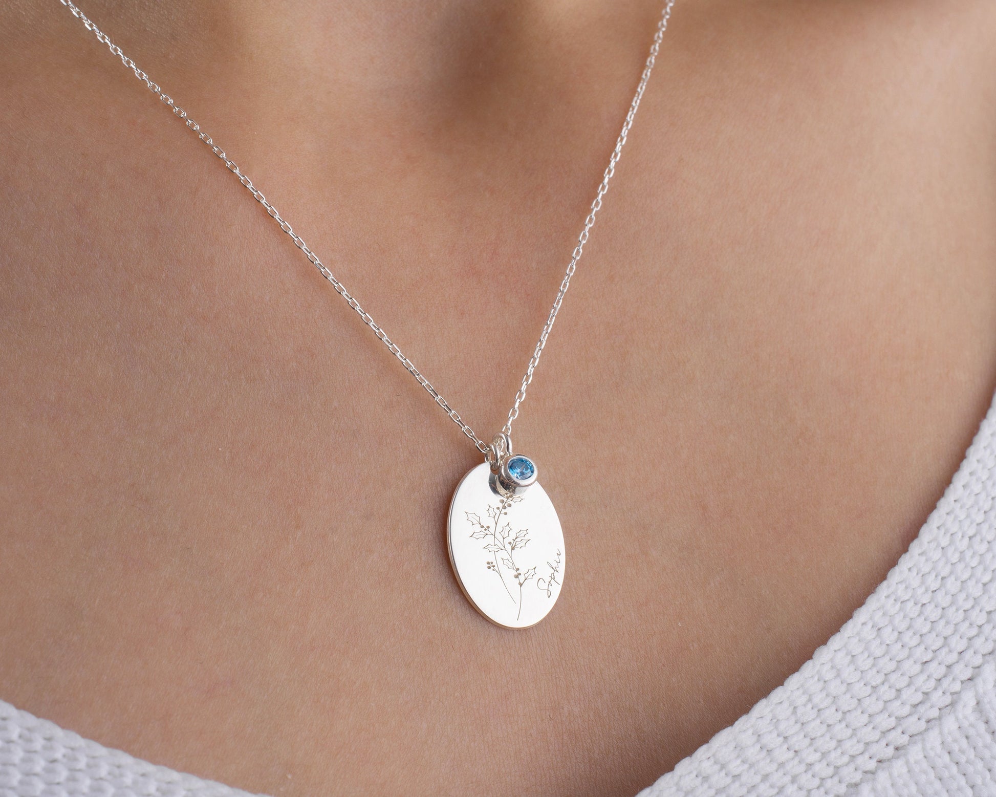 Personalised Birth Month Necklace, Holly Berry December Necklace, Silver Birth Flower Necklace with Birthstone, Daughter Birthday Gift