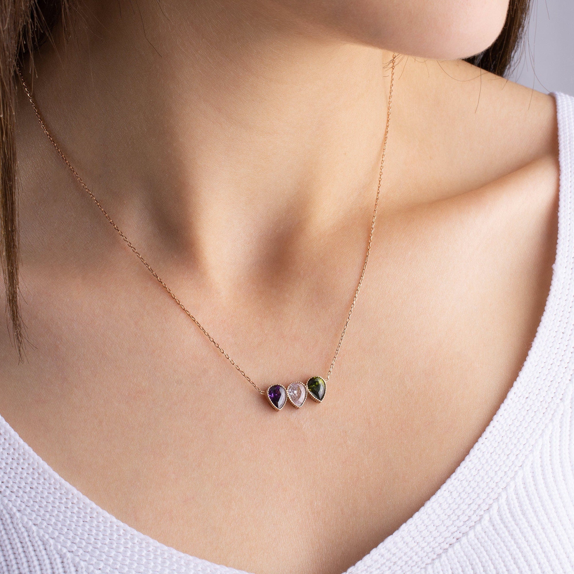 Family Birthstone Necklace, Dainty November - October Birthstone, Personalised Crystal Pendant, Anniversary, New Mom, Mother of Bride Gift