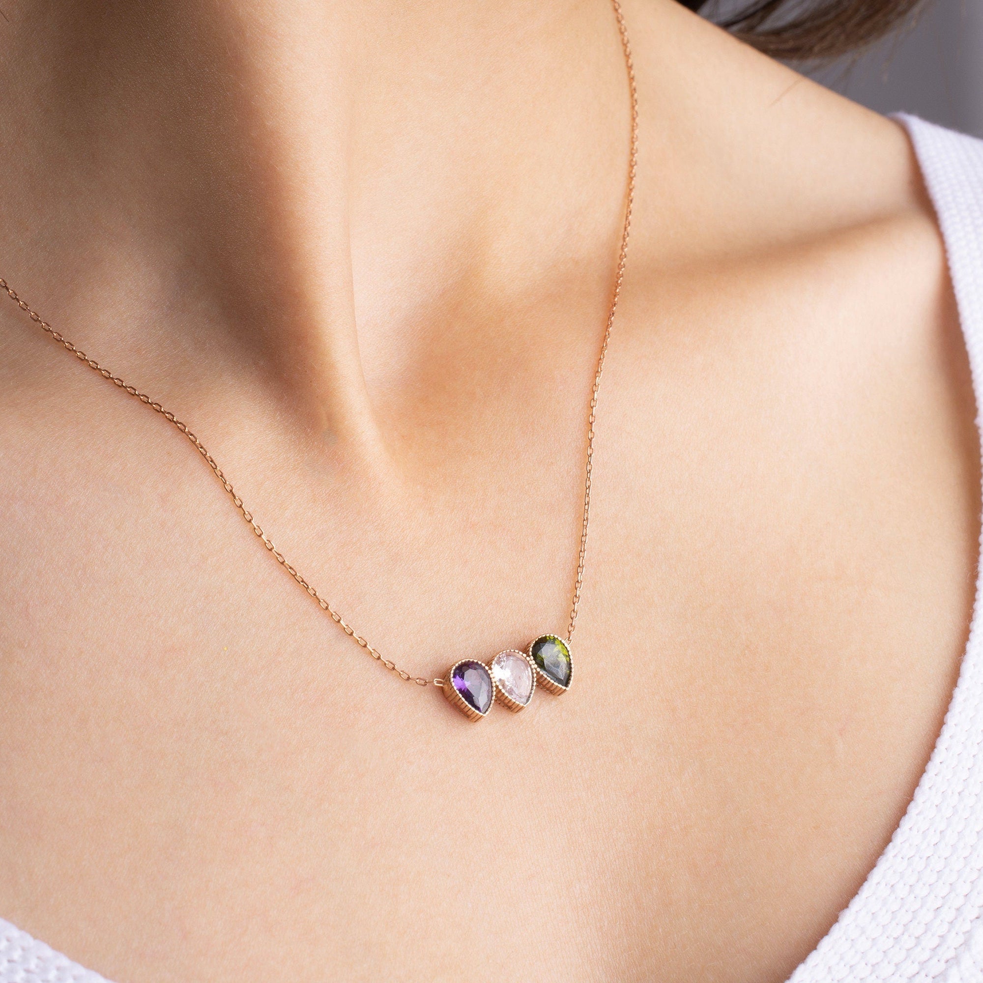 Family Birthstone Necklace, Dainty November - October Birthstone, Personalised Crystal Pendant, Anniversary, New Mom, Mother of Bride Gift