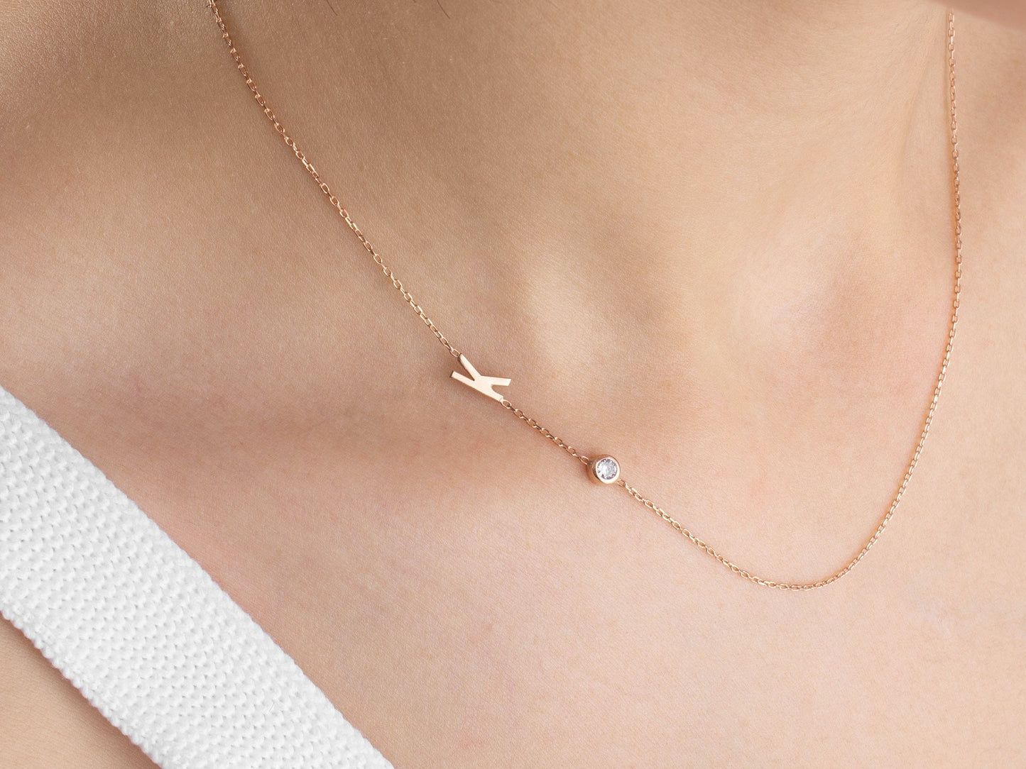 Birthstone Initial Necklace, Sideway Initial Necklace, Personalised Letter Jewelry, Gold Monogram Pendant, Christmas, Birthday, New Mom Gift