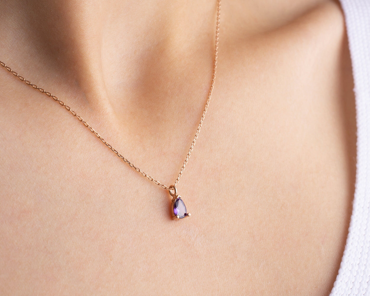 February Birthstone Necklace, Amethyst Birthstone Necklace, February Birthday Gift for Women, Teardrop Birthstone Pendant, Mothers Day Gift