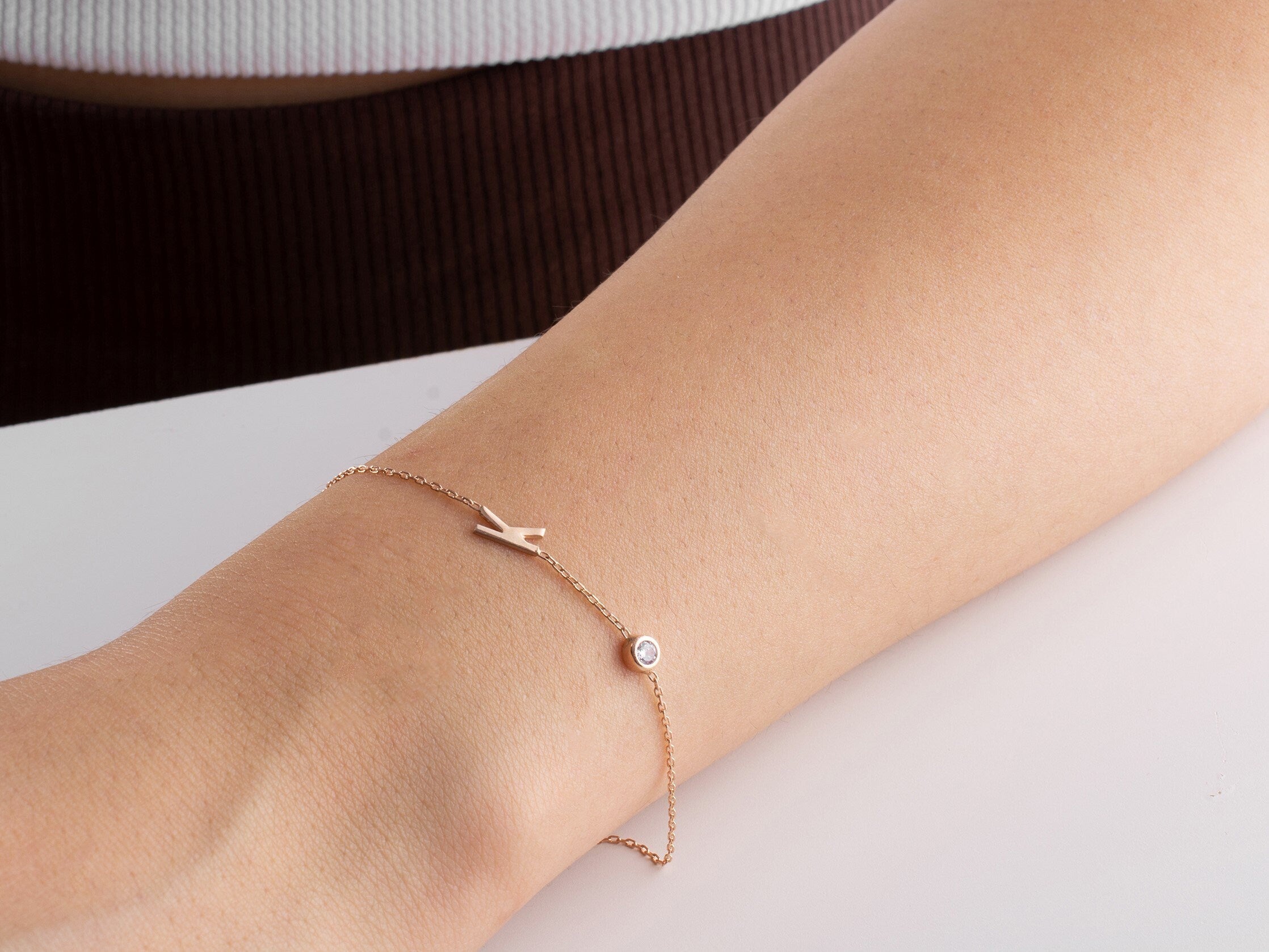 Dainty Initial Bracelet, Personalised Letter Bracelet with Birthstone, Gold Initial Bracelet, Bridesmaid Bracelet, Mother Birthday Gift