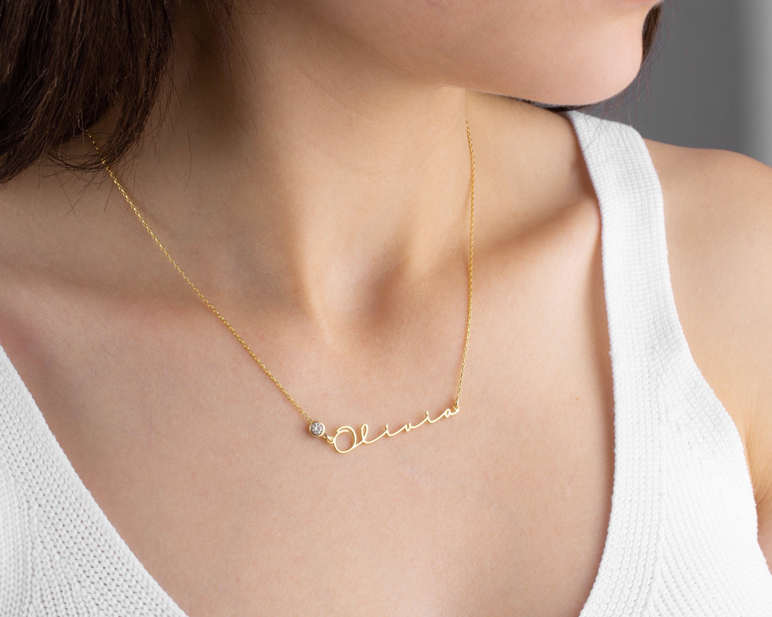 Name Necklace with Birthstone, Custom Nameplate Necklace, Gold Name Necklace, Birthstone Name Jewellery, Personalised Mother Necklace