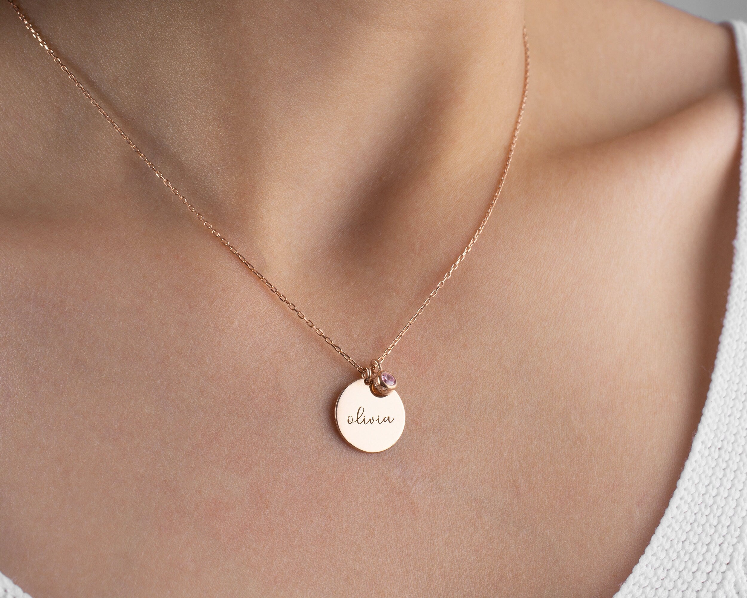 Personalised Disc Name Necklace with Birthstone, Dainty Name Pendant, Engraved Initial Necklace, Teenage Girl Birthday Gift, Mother Day Gift