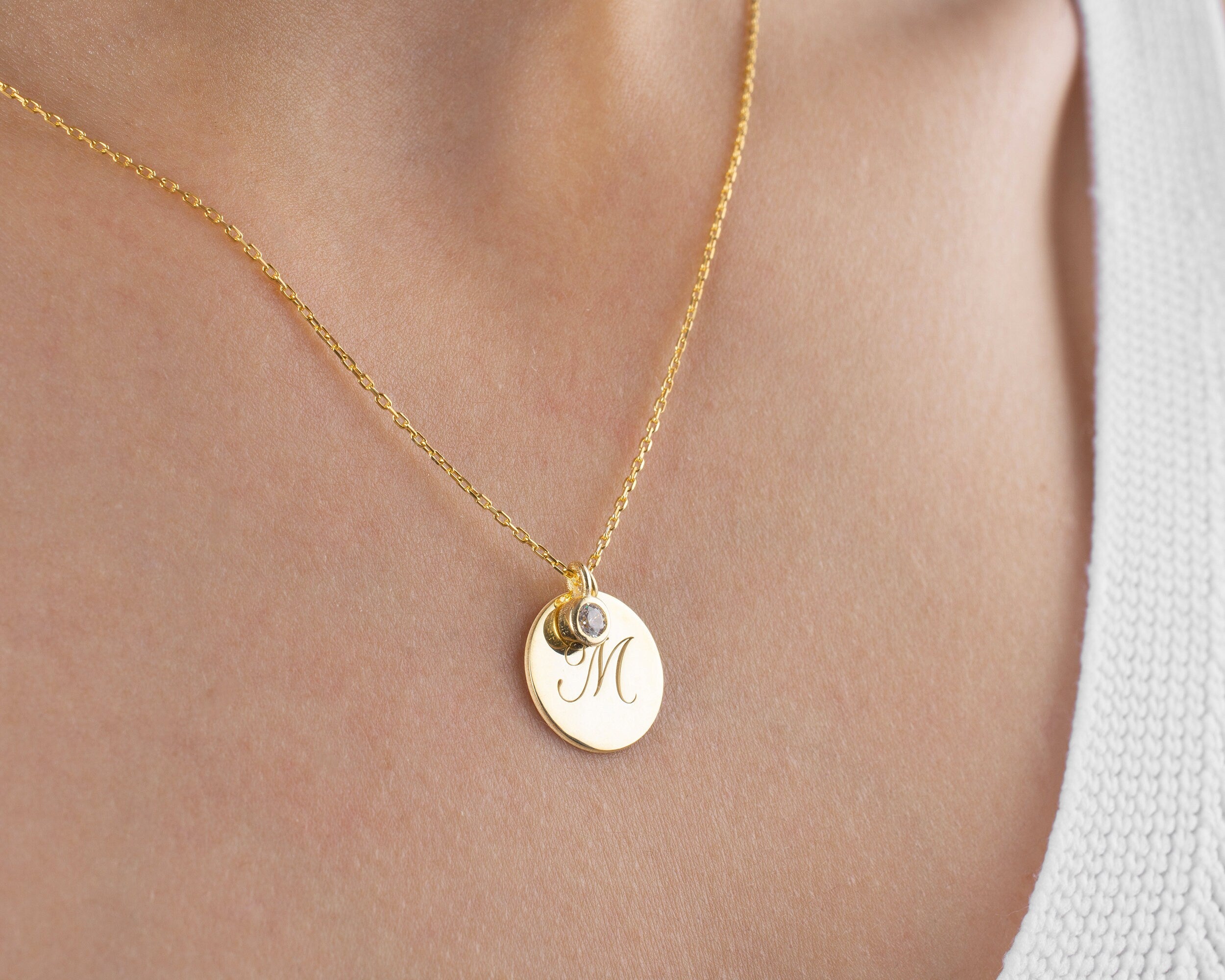 Initial Birthstone Necklace, Gold Initial Disc Necklace, Birthstone Letter Pendant, Christmas, Teenage Girl, Daughter, Personalised Mom Gift