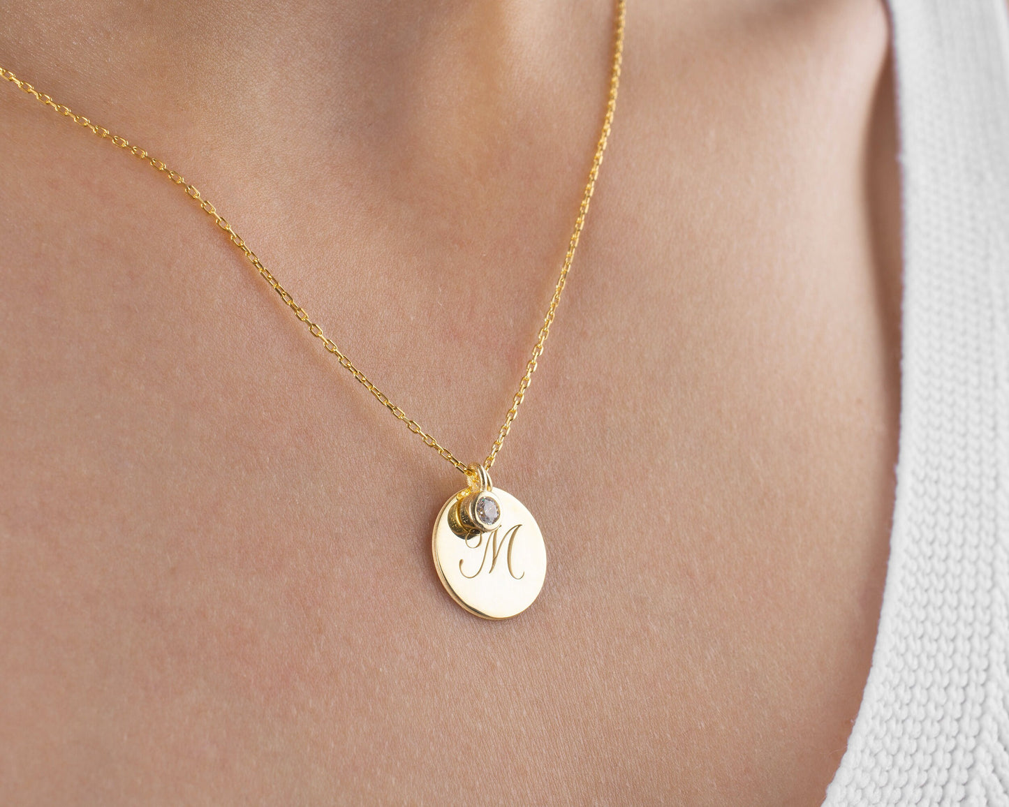 Initial Birthstone Necklace, Gold Initial Disc Necklace, Birthstone Letter Pendant, Christmas, Teenage Girl, Daughter, Personalised Mom Gift