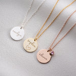 Personalised Disc Name Necklace with Birthstone, Dainty Name Pendant, Engraved Initial Necklace, Teenage Girl Birthday Gift, Mother Day Gift
