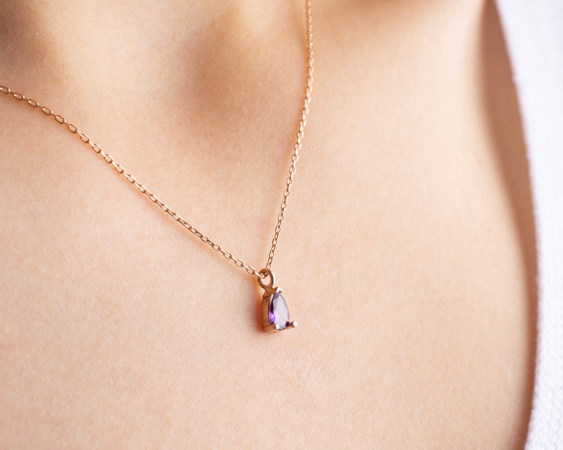 February Birthstone Necklace, Amethyst Birthstone Necklace, February Birthday Gift for Women, Teardrop Birthstone Pendant, Mothers Day Gift