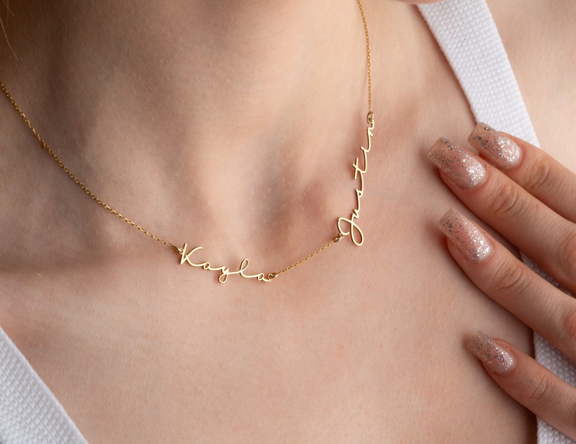 Woman wearing custom 2 name necklace in gold plated over 925k Silver - available with 2-5 names

