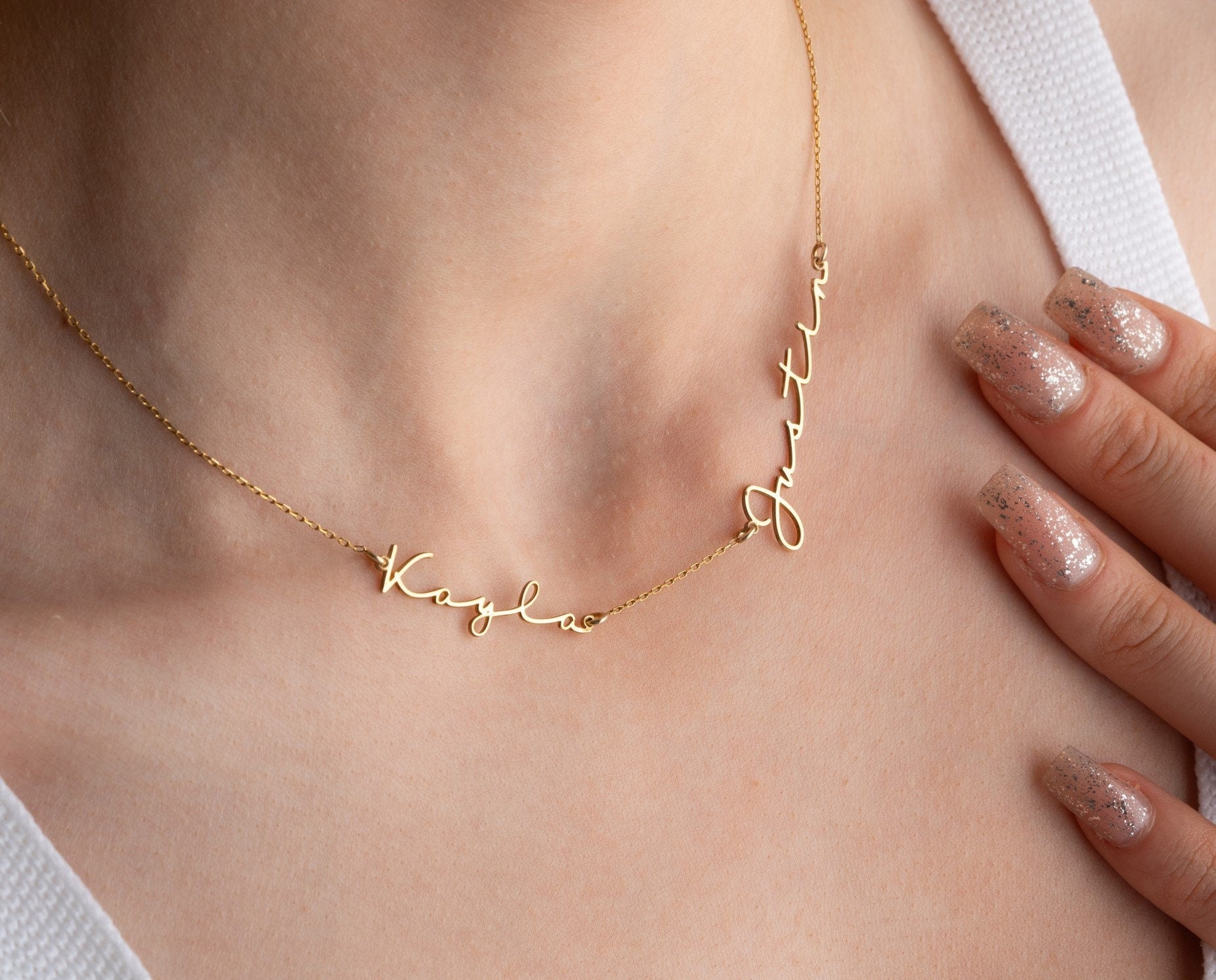 Multiple name necklace for women in 925 sterling silver gold plated with 2 personalized names
