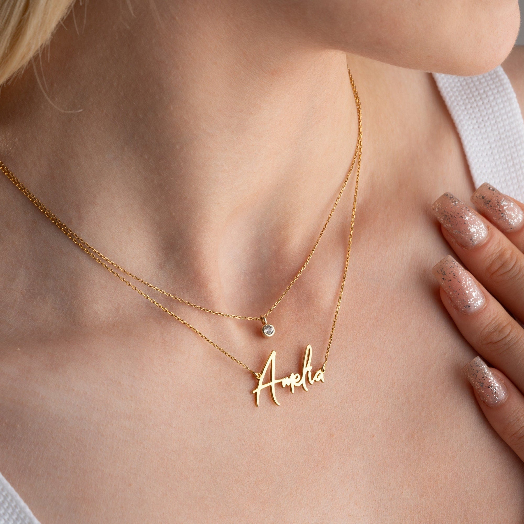 Layered Name Necklace with Birthstone, Gold Name Necklace, Personalised Gift for Wife, 2 Layered Necklace, Birthday, Girls Graduation Gift
