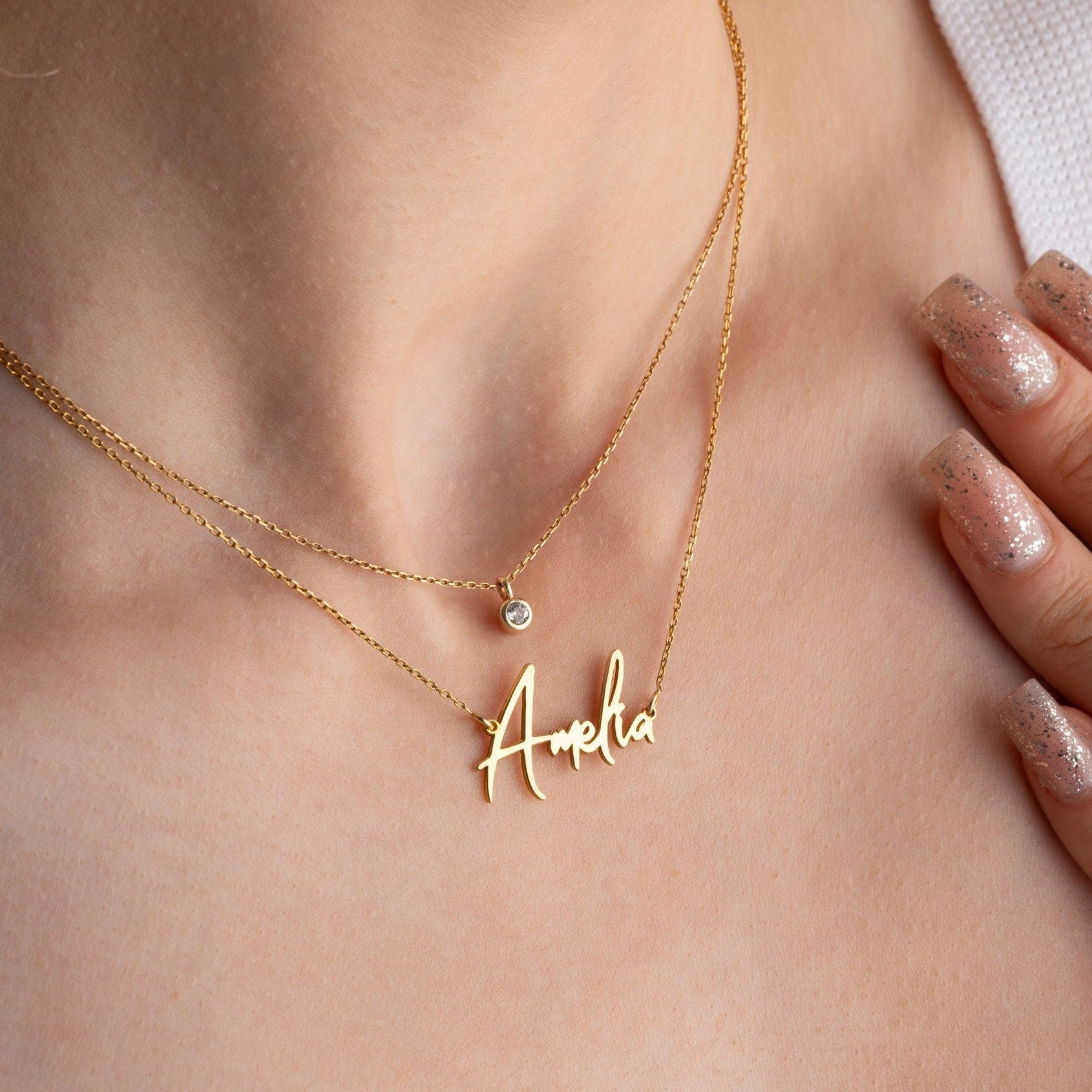 Layered Name Necklace with Birthstone, Gold Name Necklace, Personalised Gift for Wife, 2 Layered Necklace, Birthday, Girls Graduation Gift