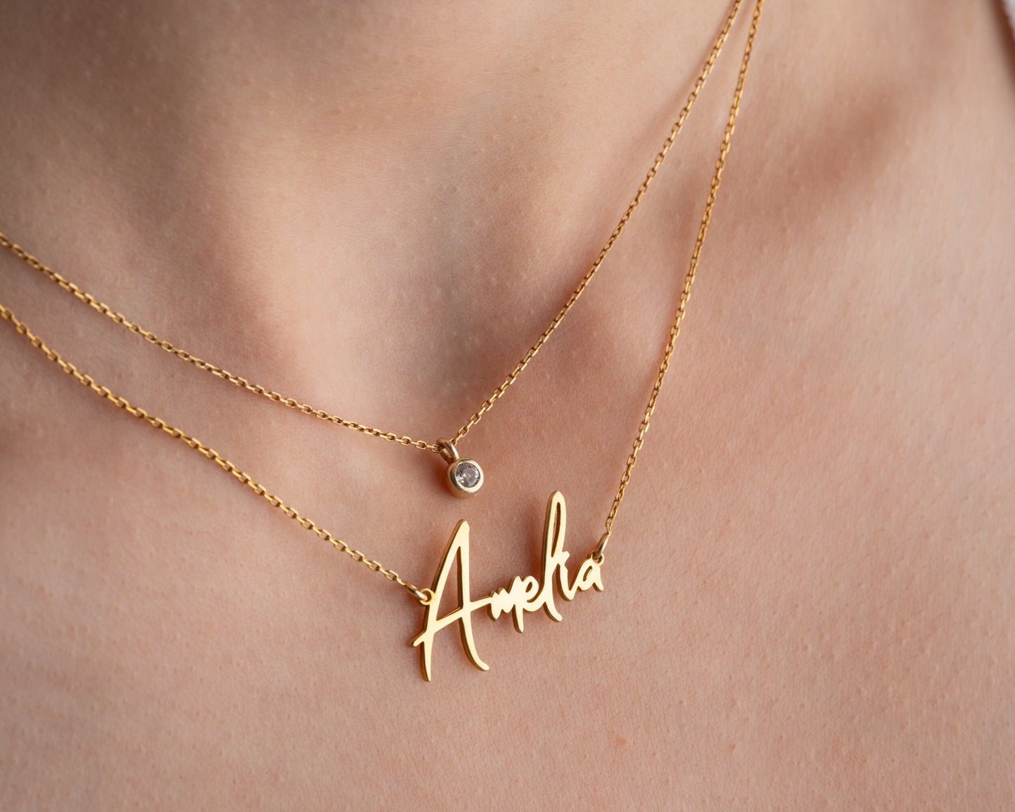 Layered Name Necklace with Birthstone, Gold Name Necklace, Personalised Gift for Wife, 2 Layered Necklace, Birthday, Girls Graduation Gift