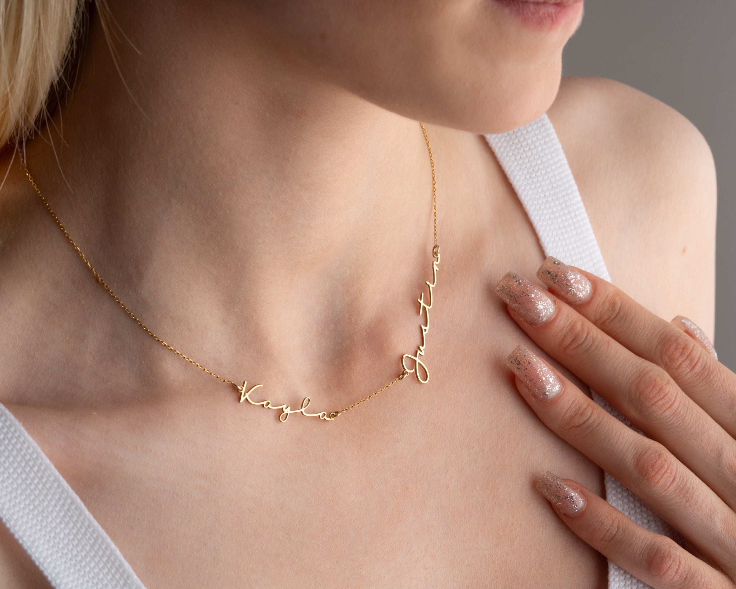 14k Gold 2 - 3 Name Necklace, Mothers Day Gift, Children Name Necklace, Family Necklace for Mom, Double Kids Name Necklace, Gift for Grandma