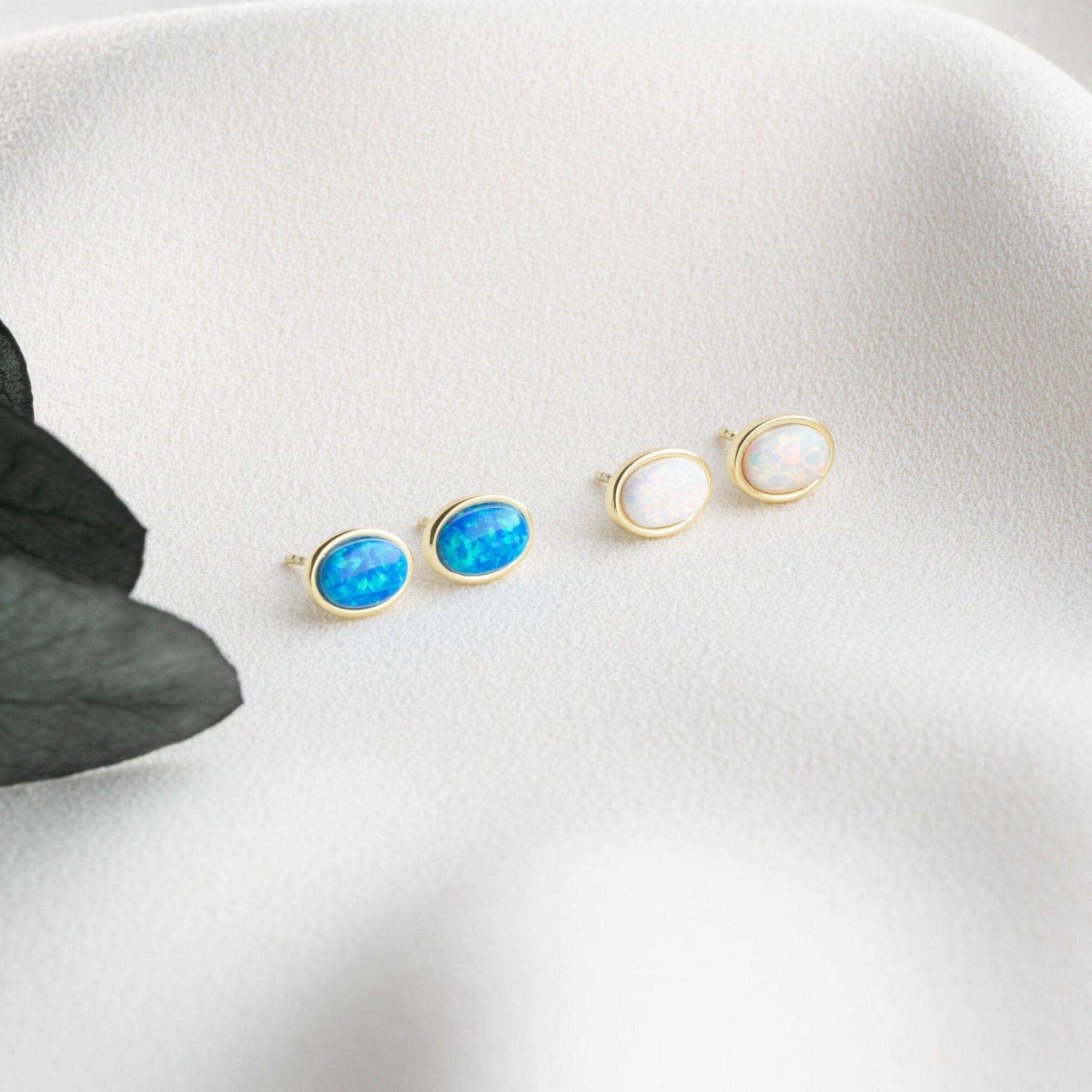 14k Gold Opal Stud Earrings, Dainty White Opal Earrings, Sterling Silver Blue Real Opal Earrings
