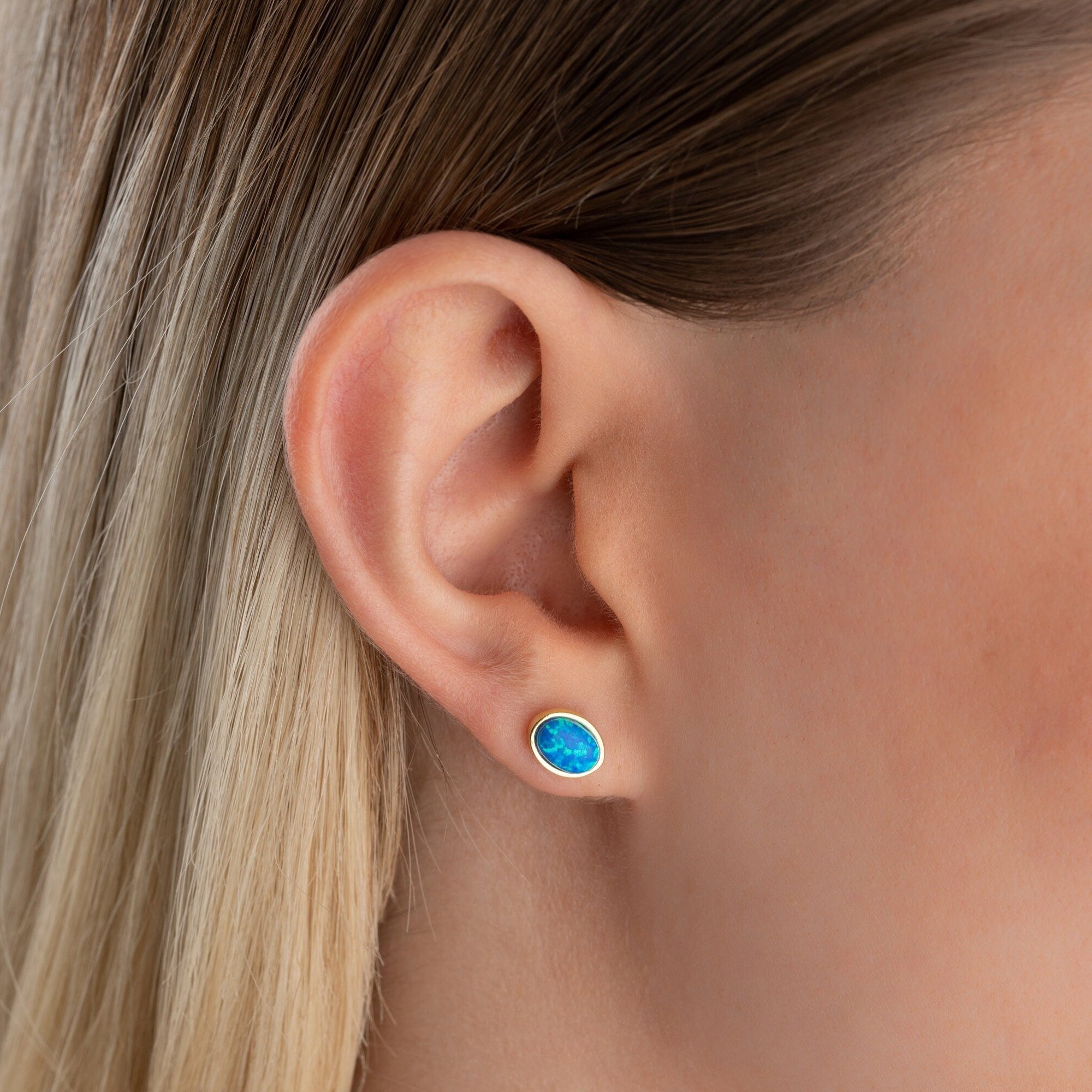 14k Gold Opal Stud Earrings, Dainty White Opal Earrings, Sterling Silver Blue Real Opal Earrings
