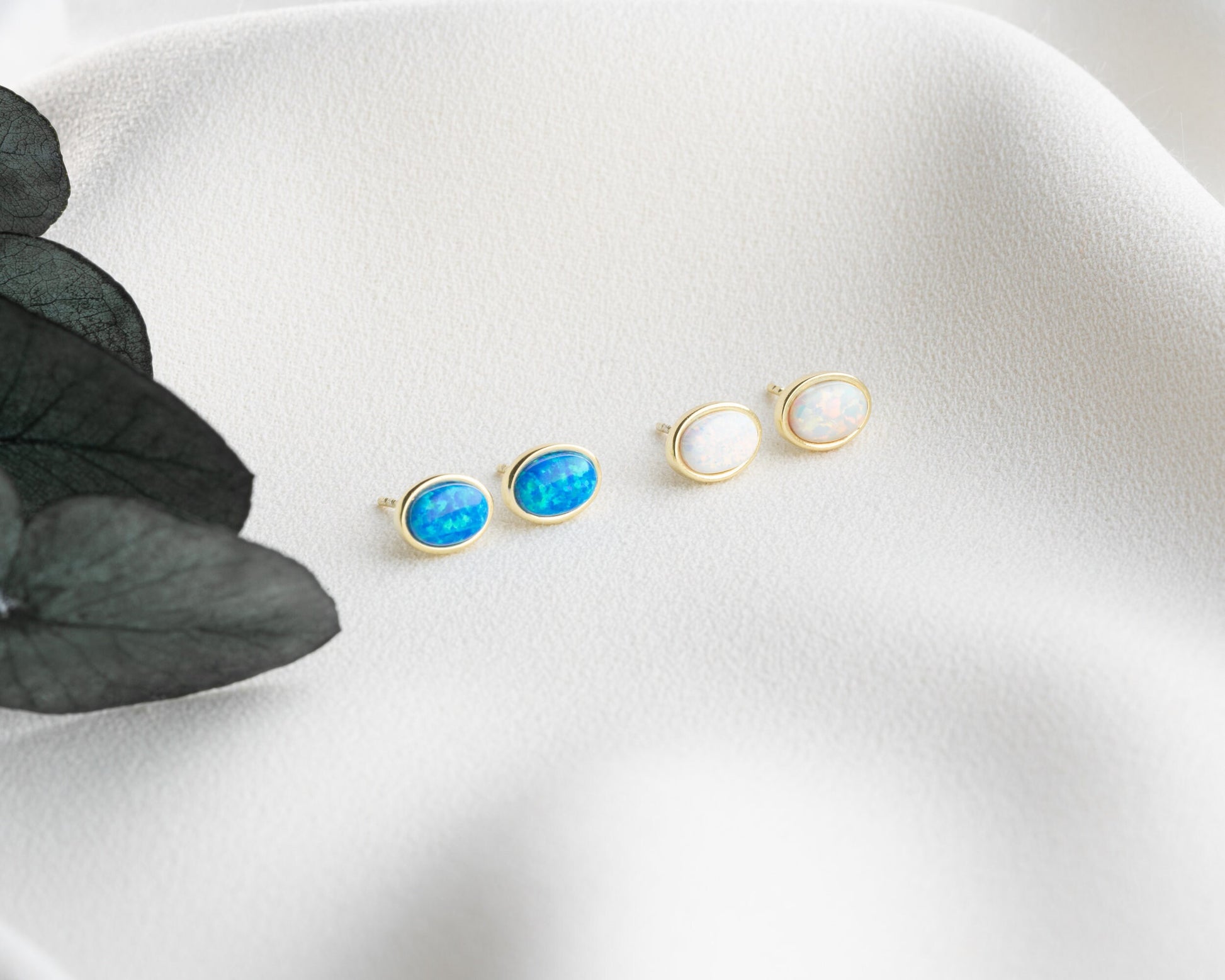 14k Gold Opal Stud Earrings, Dainty White Opal Earrings, Sterling Silver Blue Real Opal Earrings