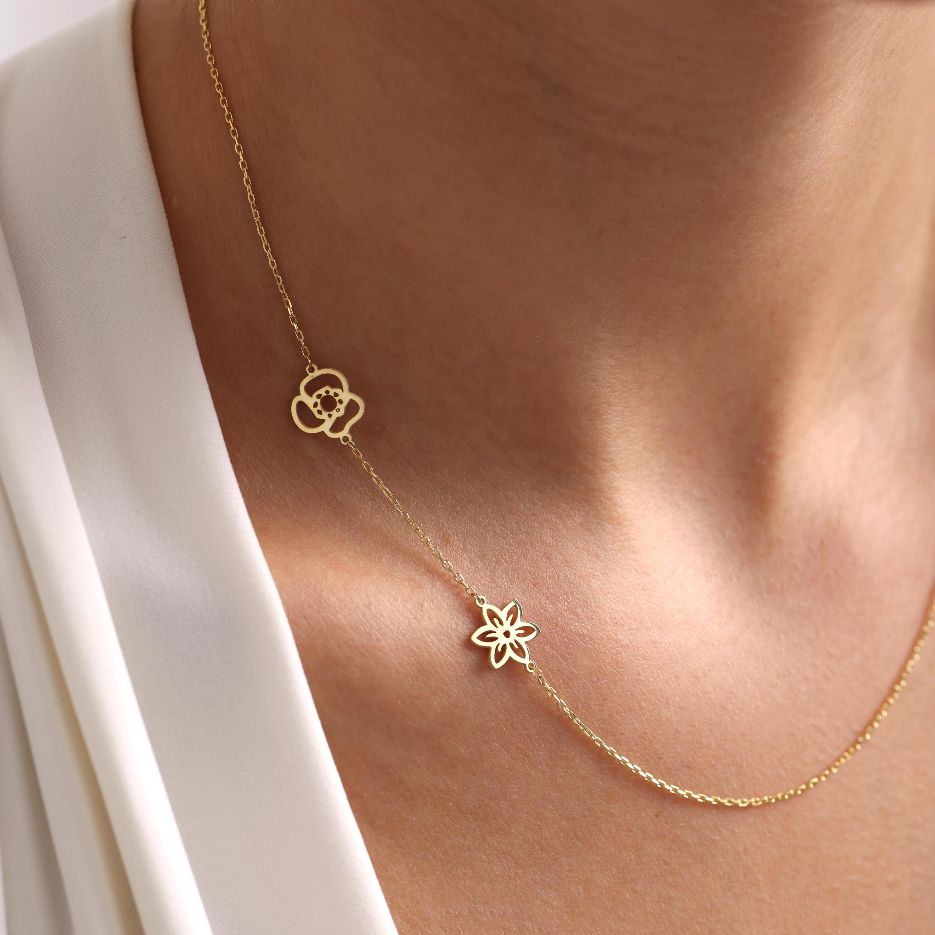 Personalized Multiple Birth Flower Necklace - Gold Sideways Birthflower Necklace - Unique Christmas Gift for Mom, Grandma, or Her