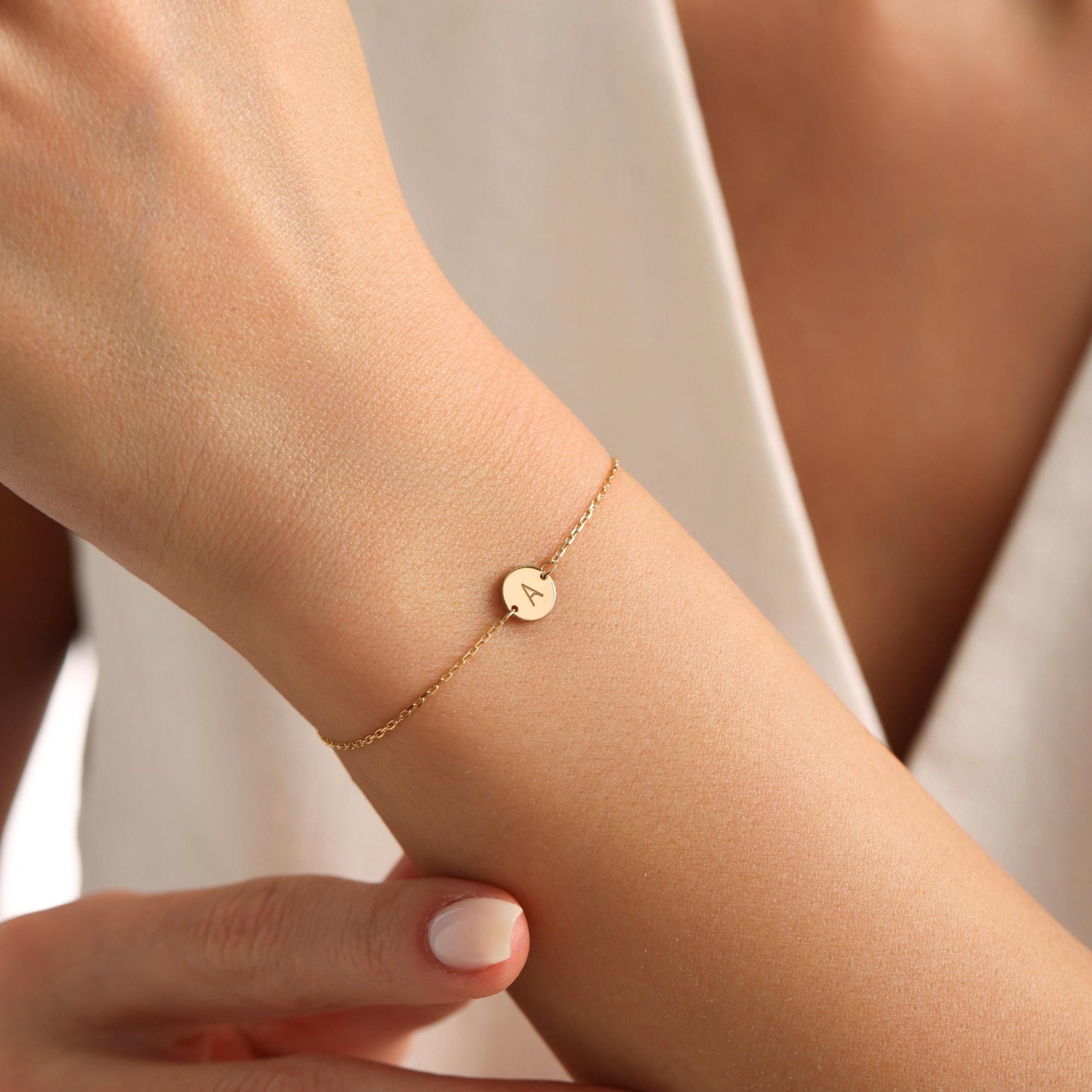 Personalized Gold Initial Disc Bracelet, Dainty Letter Bracelet, Minimalist Jewelry Gift for Her, Bridesmaid or Birthday Gift for Mom