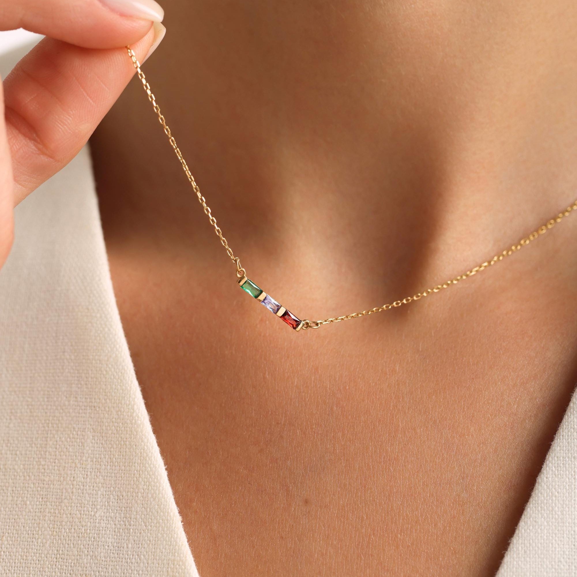 Personalized Family Birthstone Necklace, Custom Baguette Birthstone Jewelry for Mom, Mothers Day Gift, Birthday Gift for Her