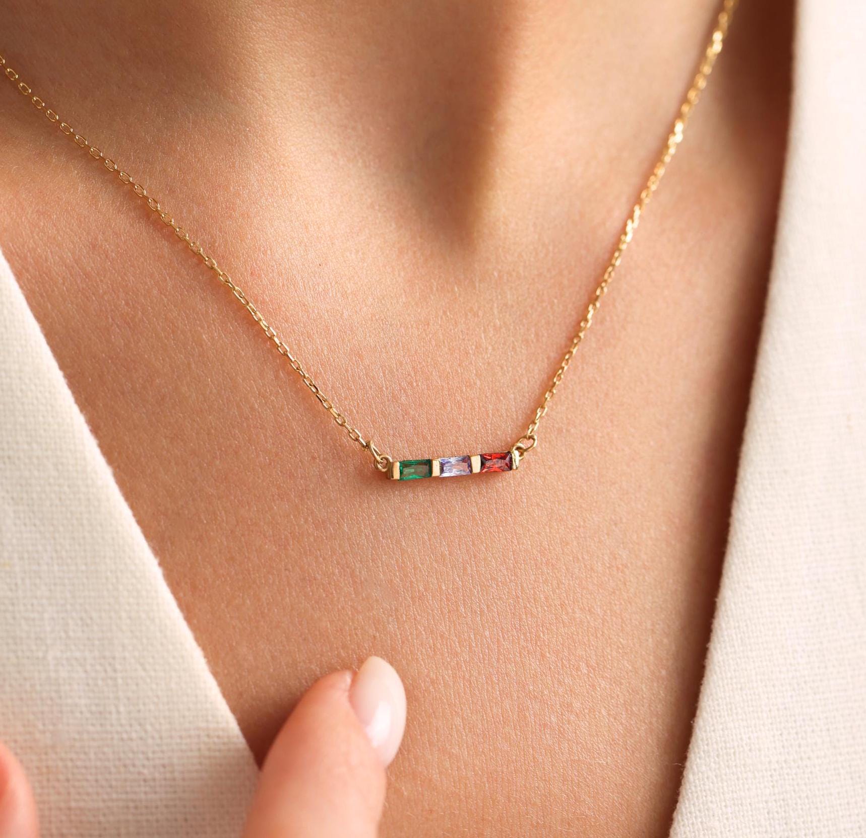 Personalized Family Birthstone Necklace, Custom Baguette Birthstone Jewelry for Mom, Mothers Day Gift, Birthday Gift for Her