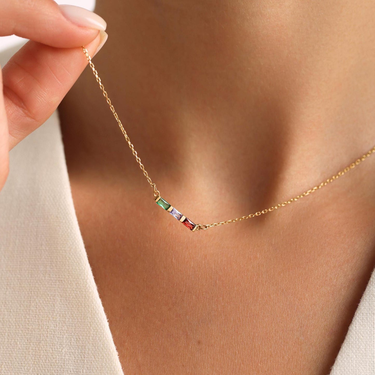 Personalized Family Birthstone Necklace, Custom Baguette Birthstone Jewelry for Mom, Mothers Day Gift, Birthday Gift for Her