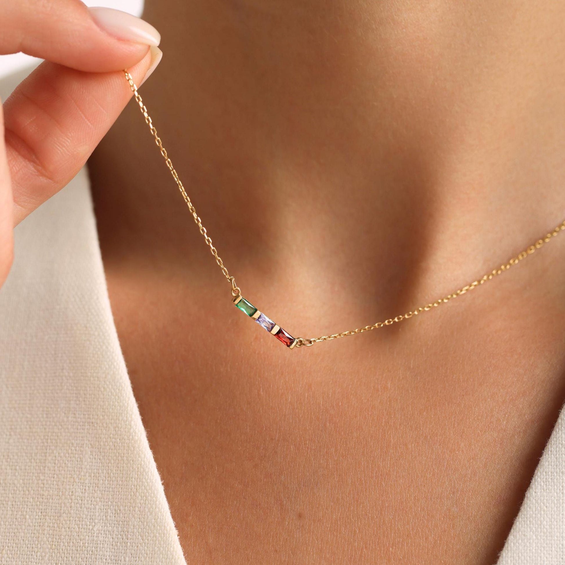 Personalized Family Birthstone Necklace, Custom Baguette Birthstone Jewelry for Mom, Mothers Day Gift, Birthday Gift for Her