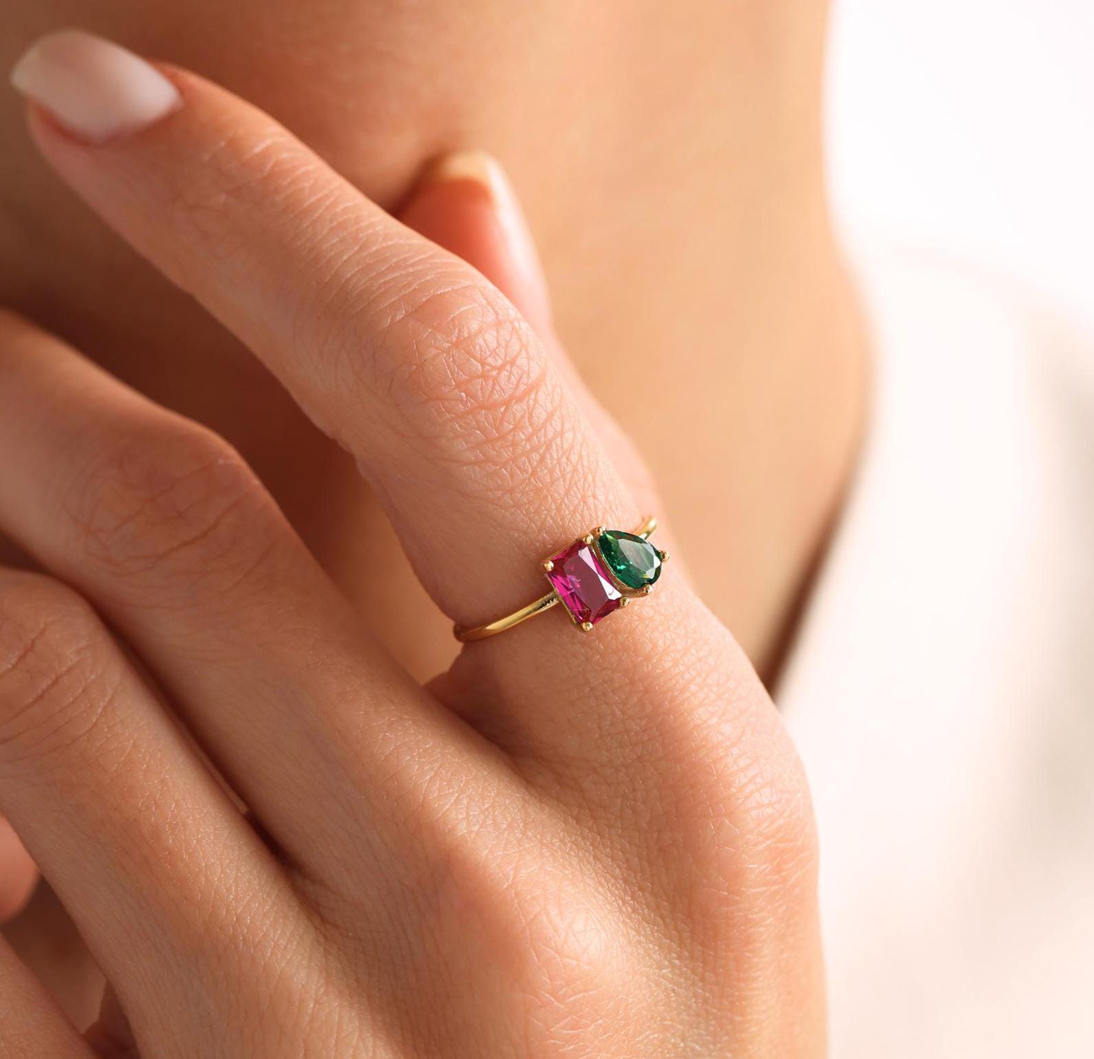 Personalised Two Birthstone Ring, Custom Toi et Moi Gemstone Ring, Birthday Gift for Her, Mothers Day Gift, Unique Girlfriend Gift