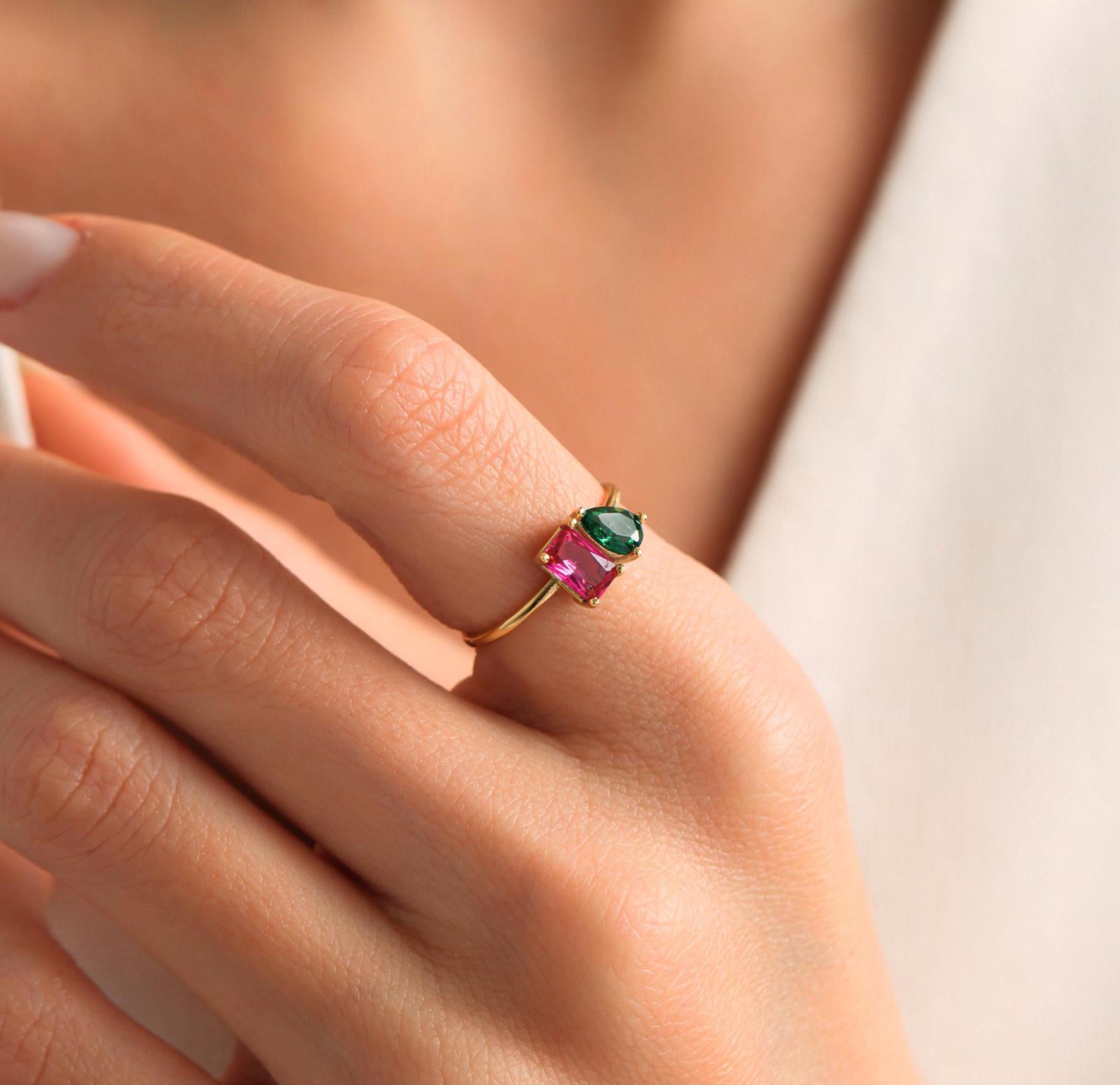 Personalised Two Birthstone Ring, Custom Toi et Moi Gemstone Ring, Birthday Gift for Her, Mothers Day Gift, Unique Girlfriend Gift