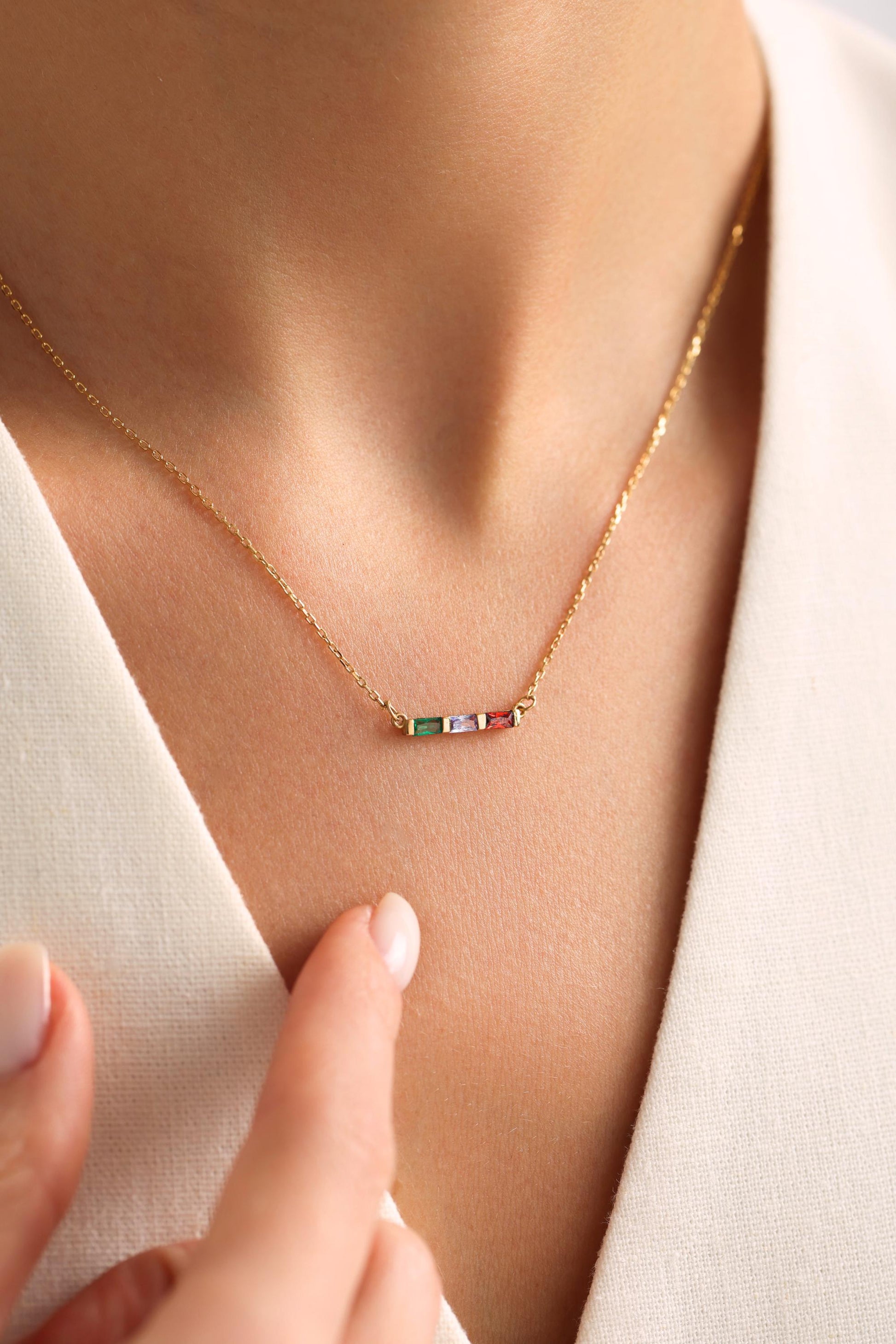 Personalized Family Birthstone Necklace, Custom Baguette Birthstone Jewelry for Mom, Mothers Day Gift, Birthday Gift for Her