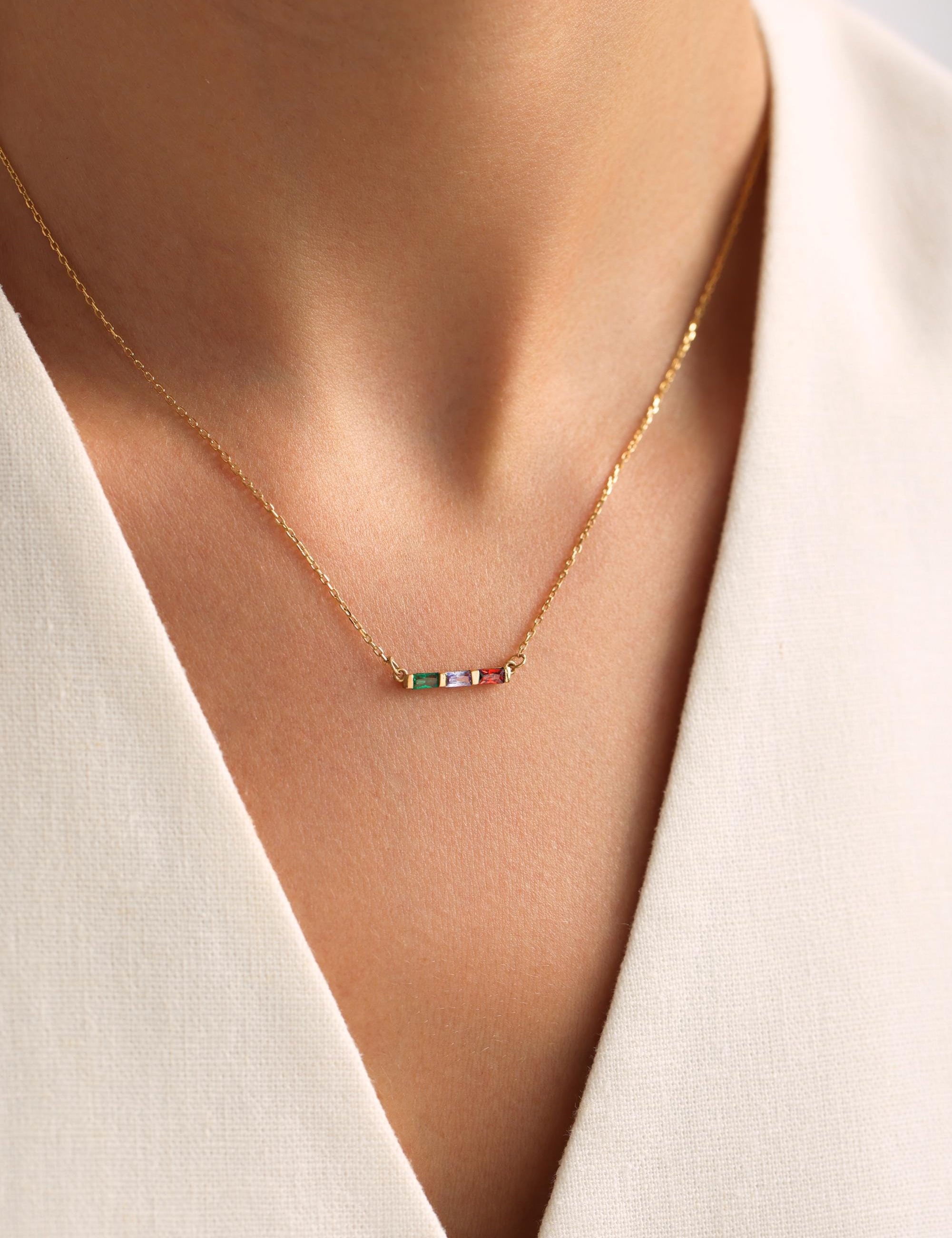 Personalized Family Birthstone Necklace, Custom Baguette Birthstone Jewelry for Mom, Mothers Day Gift, Birthday Gift for Her